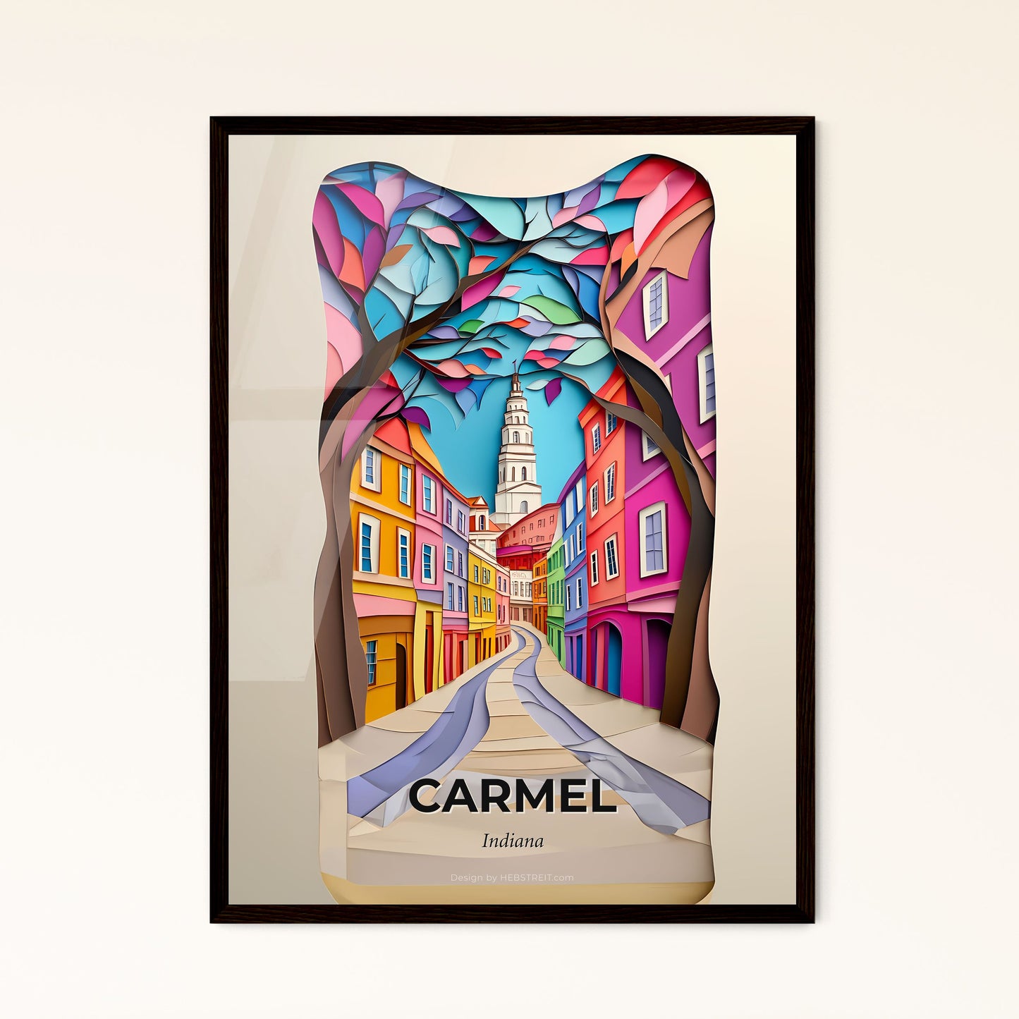 Vivid Carmel, Indiana - a paper cut of a city street with a church steeple