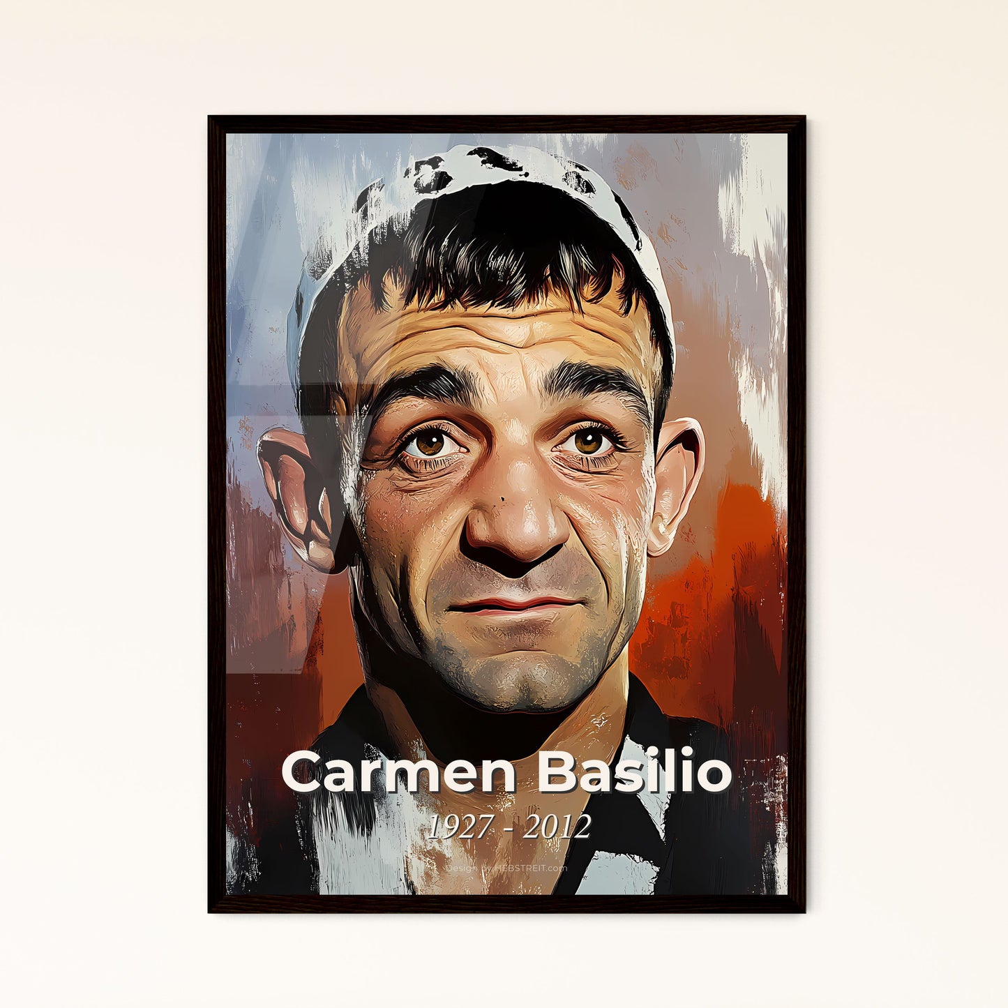 Portrait of Carmen Basilio, 1927 - 2012. Impressionistic painting of a man with a hat.