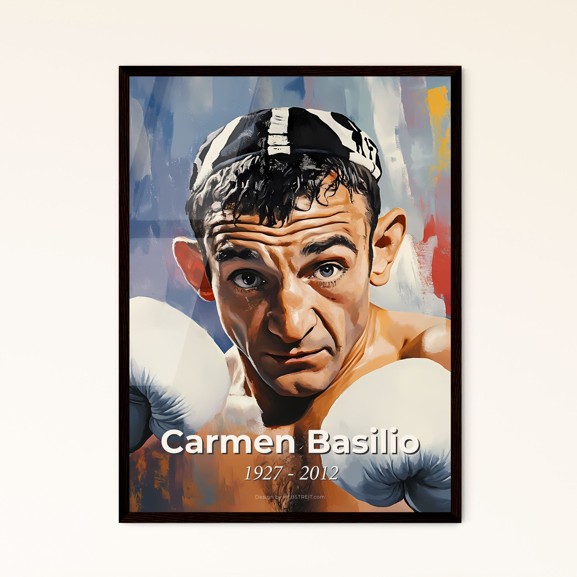 Portrait of Carmen Basilio, 1927 - 2012. Impressionistic painting of a man wearing boxing gloves.