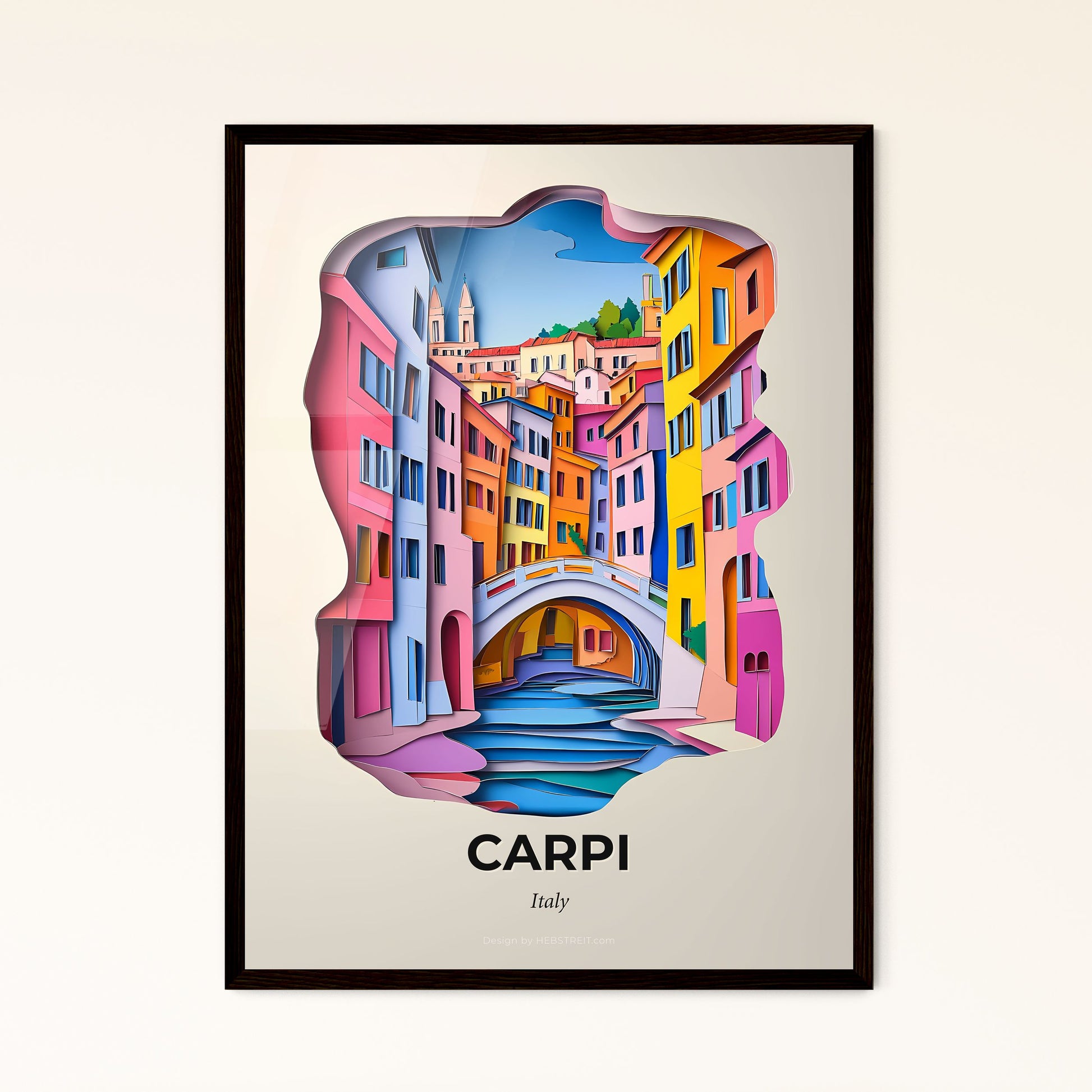 Vivid Carpi, Italy - a paper cut of a colorful city with a bridge