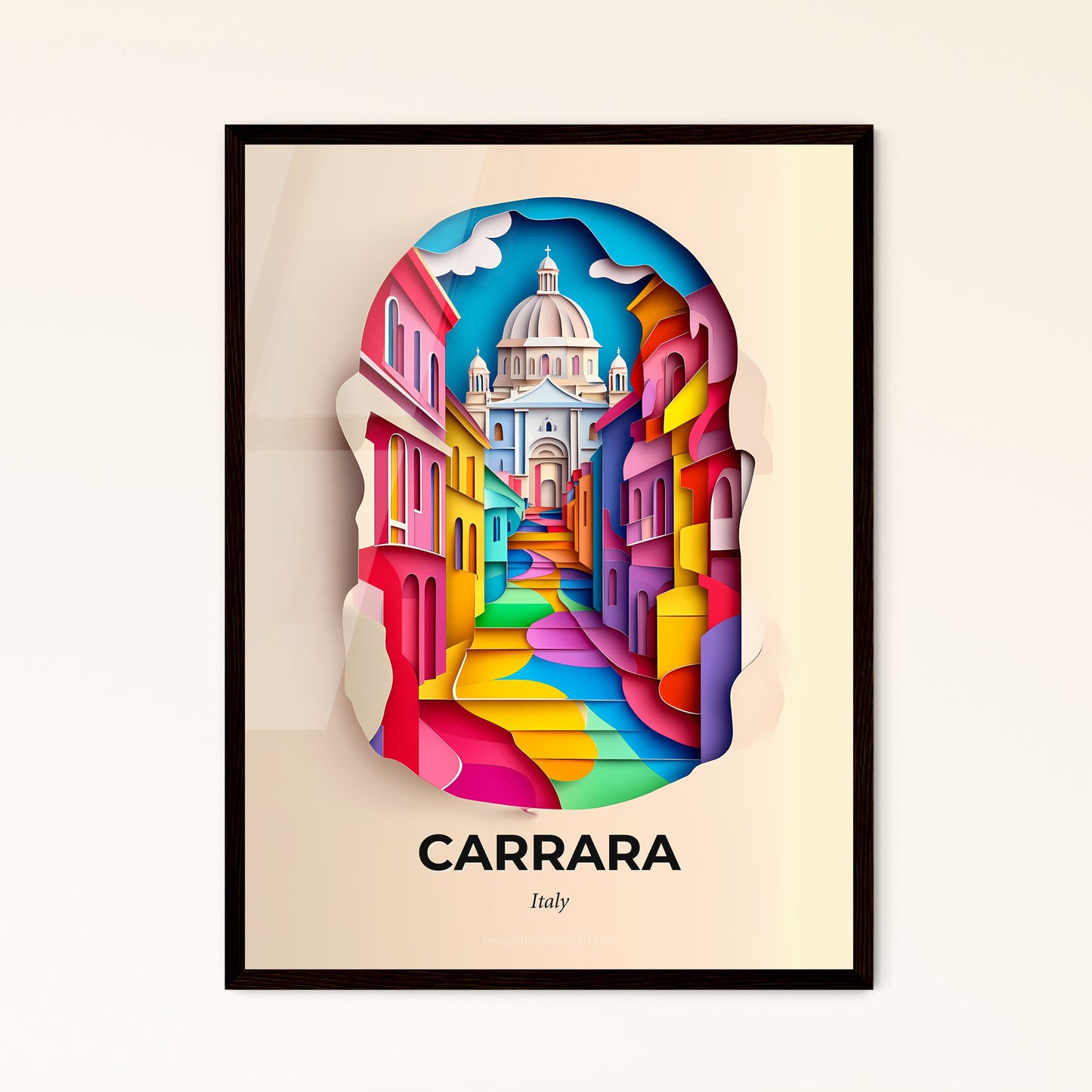 Vivid Carrara, Italy - a colorful city street with a church in the background