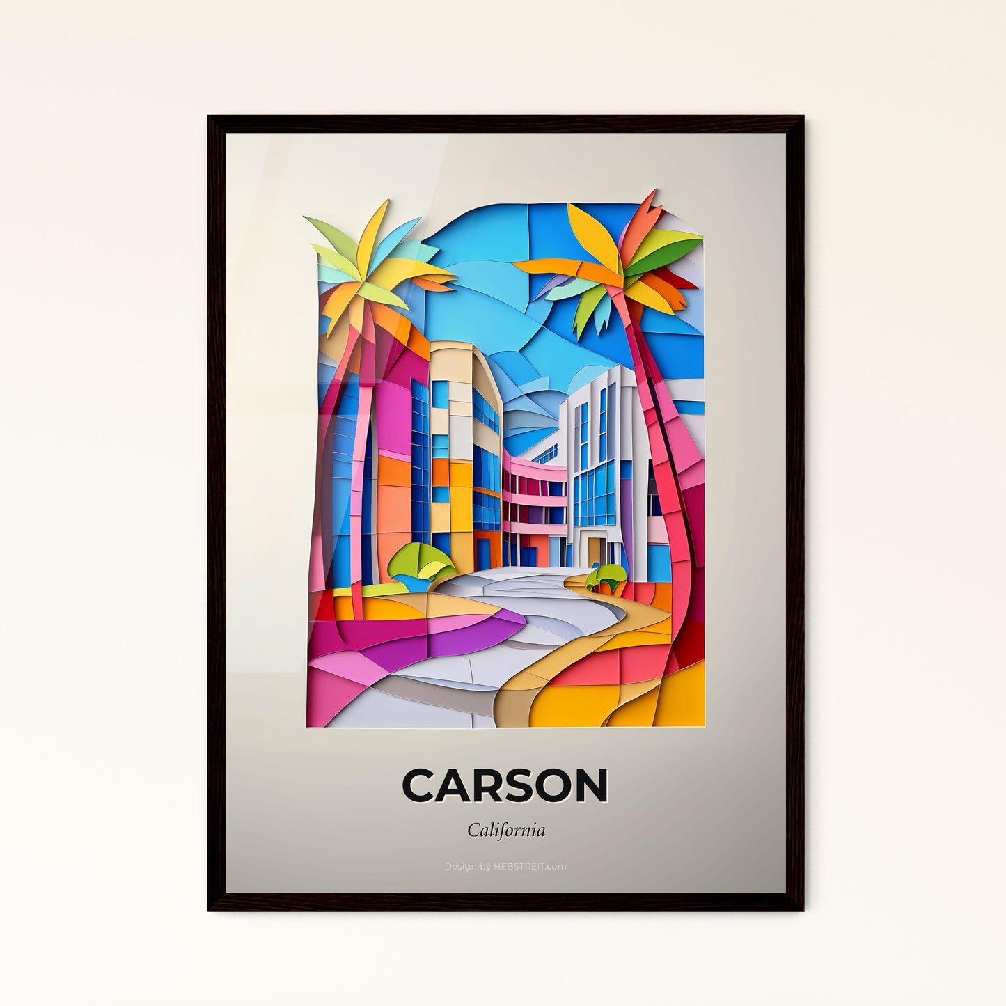 Vivid Carson, California - a colorful paper cut of a city with palm trees