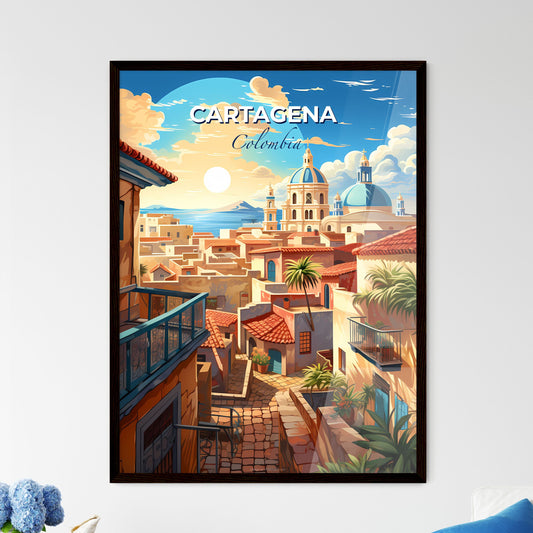Vibrant Skyline Painting: Cartagena Colombia Cityscape with Blue Dome, Palm Trees, and Artistic Flair Default Title