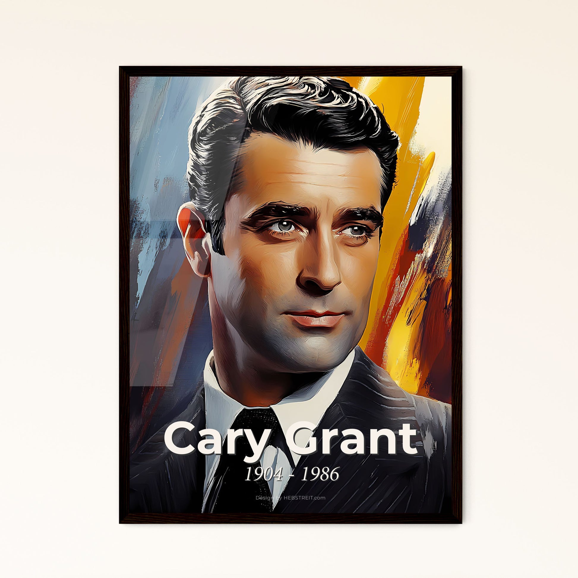 Portrait of Cary Grant, 1904 - 1986. Impressionistic painting of a man in a suit and tie.