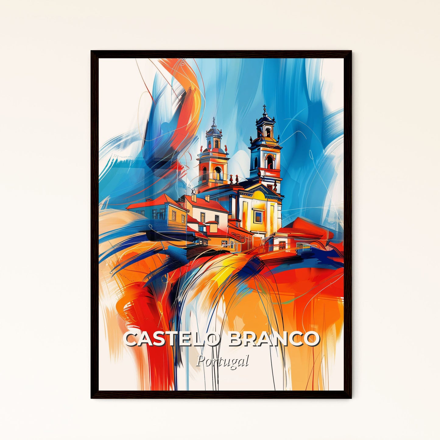 Vibrant Castelo Branco, Portugal - A Painting Of A Building With A Colorful Background