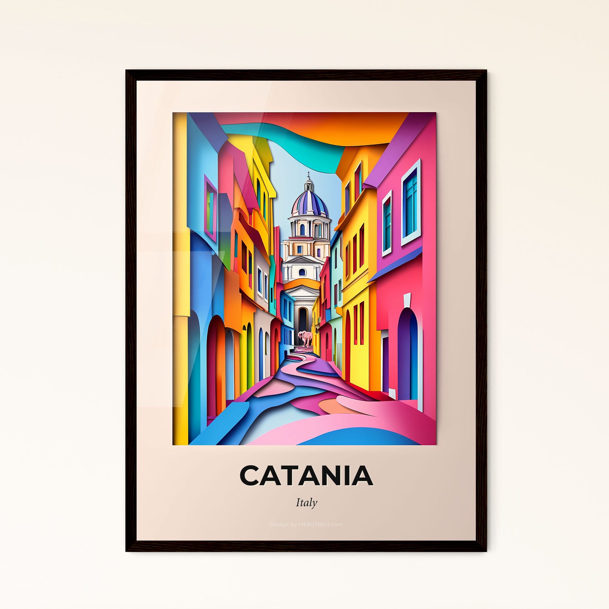 Vivid Catania, Italy - a colorful street with a church in the background