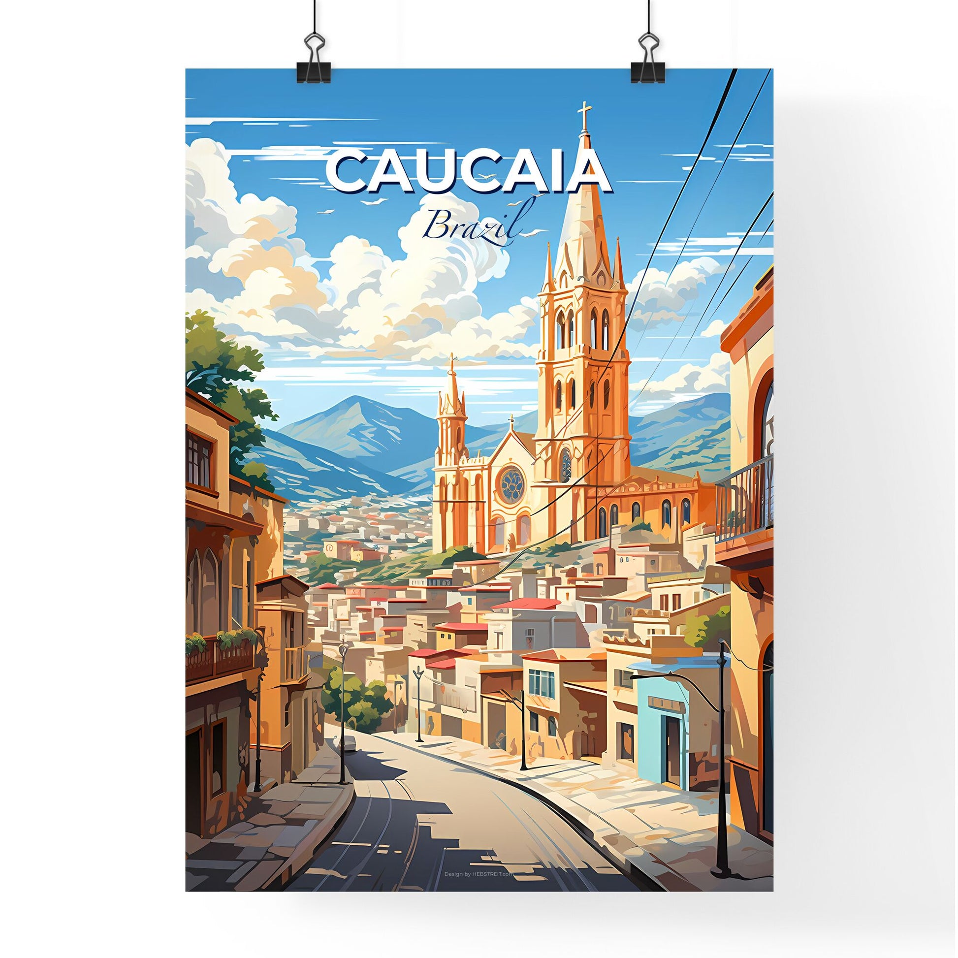 Vibrant Cityscape Painting of Caucaia Brazil Skyline Featuring Church and Mountains Default Title