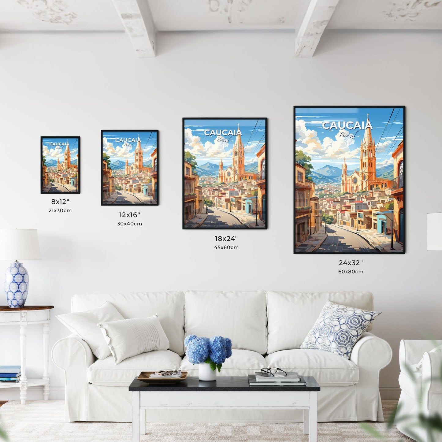 Vibrant Cityscape Painting of Caucaia Brazil Skyline Featuring Church and Mountains Default Title