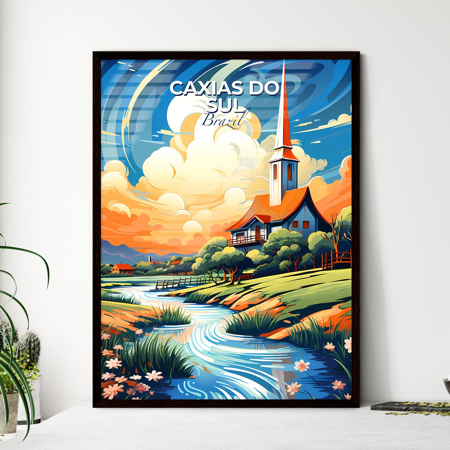 Vibrant Artistic Painting Skyline Church River Caxias do Sul Brazil Default Title