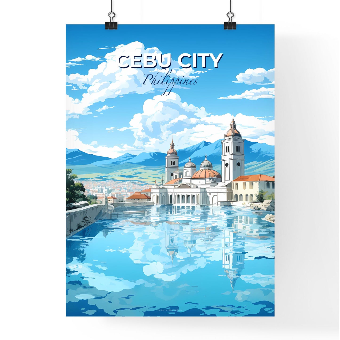 Abstract Colorful Vibrant Artistic Cebu City Philippines Skyline Painting Water Buildings Mountains Default Title