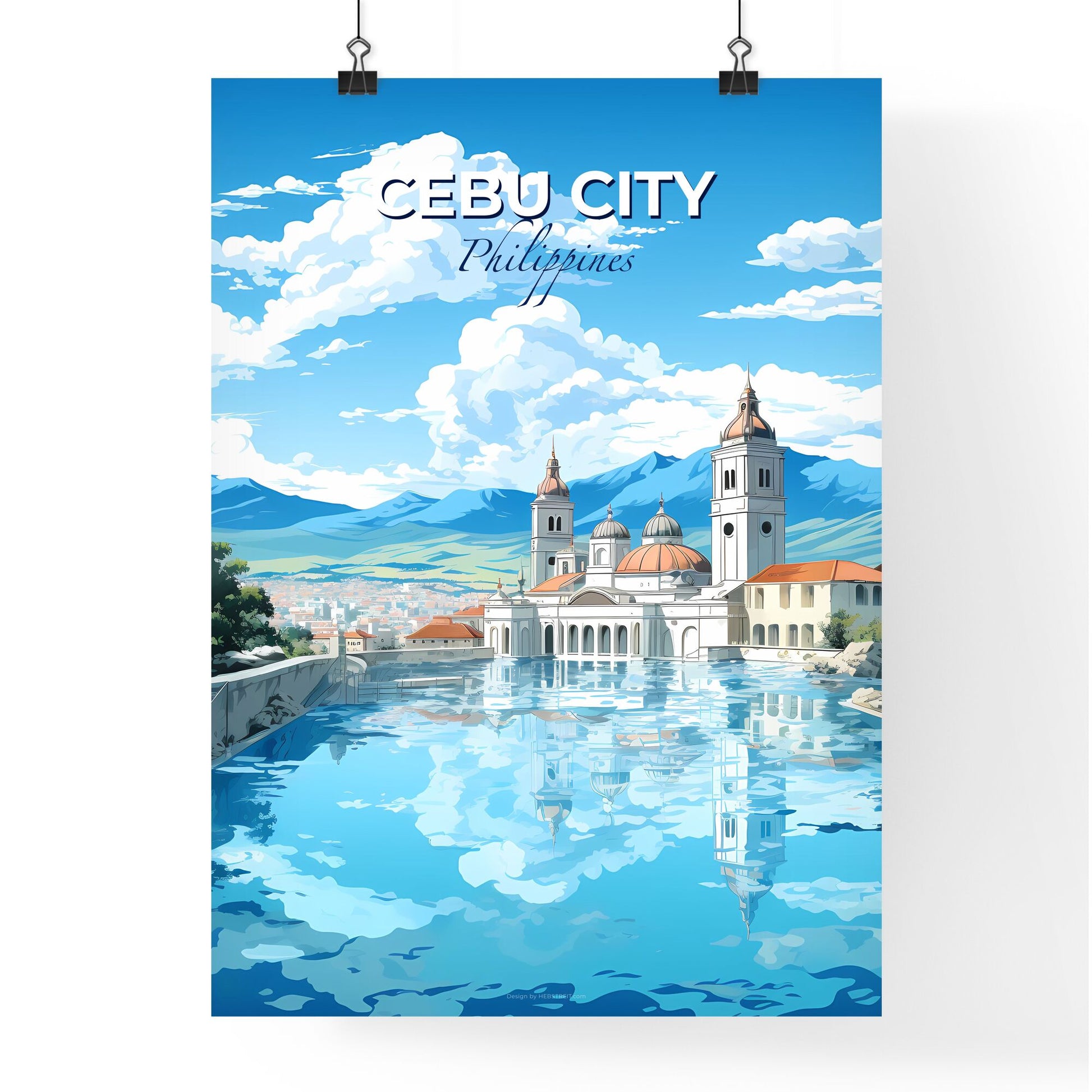 Abstract Colorful Vibrant Artistic Cebu City Philippines Skyline Painting Water Buildings Mountains Default Title