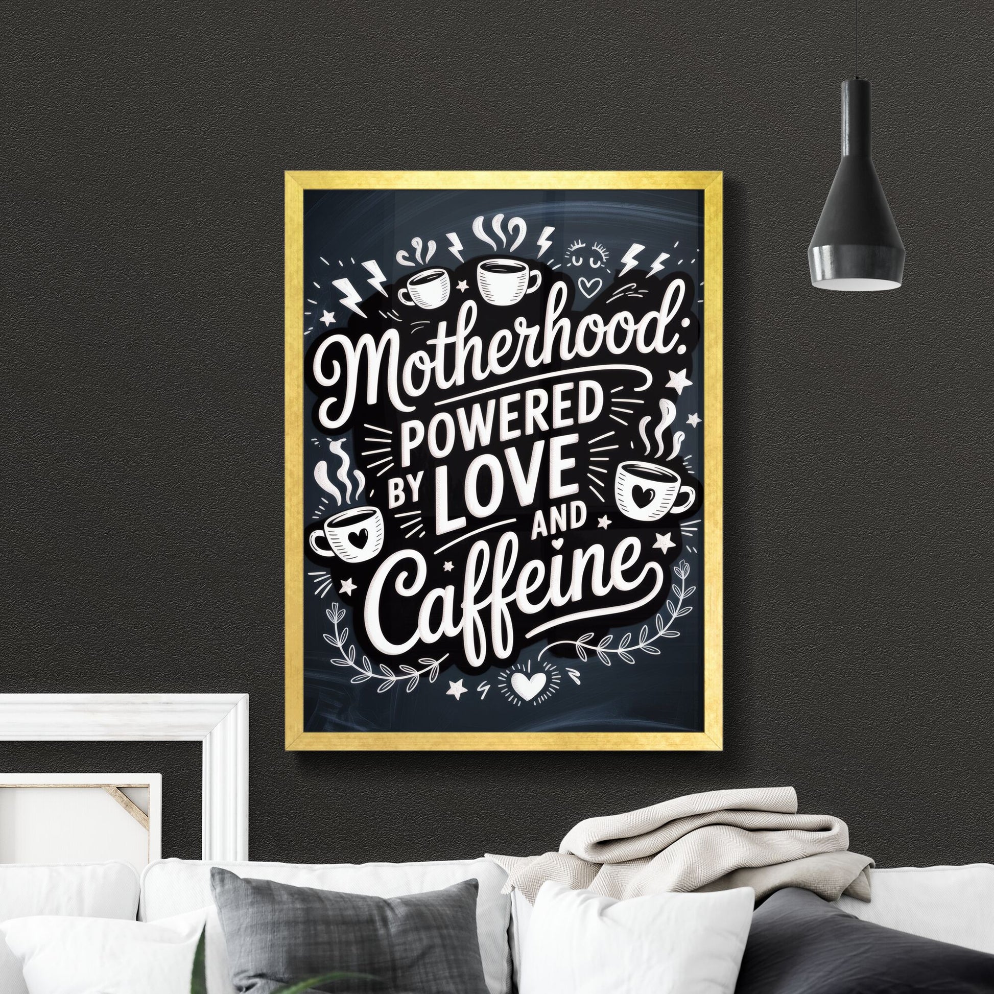 Celebrating Motherhood: A Whimsical Typography Design Highlighting Love and Caffeine Essentials for Moms