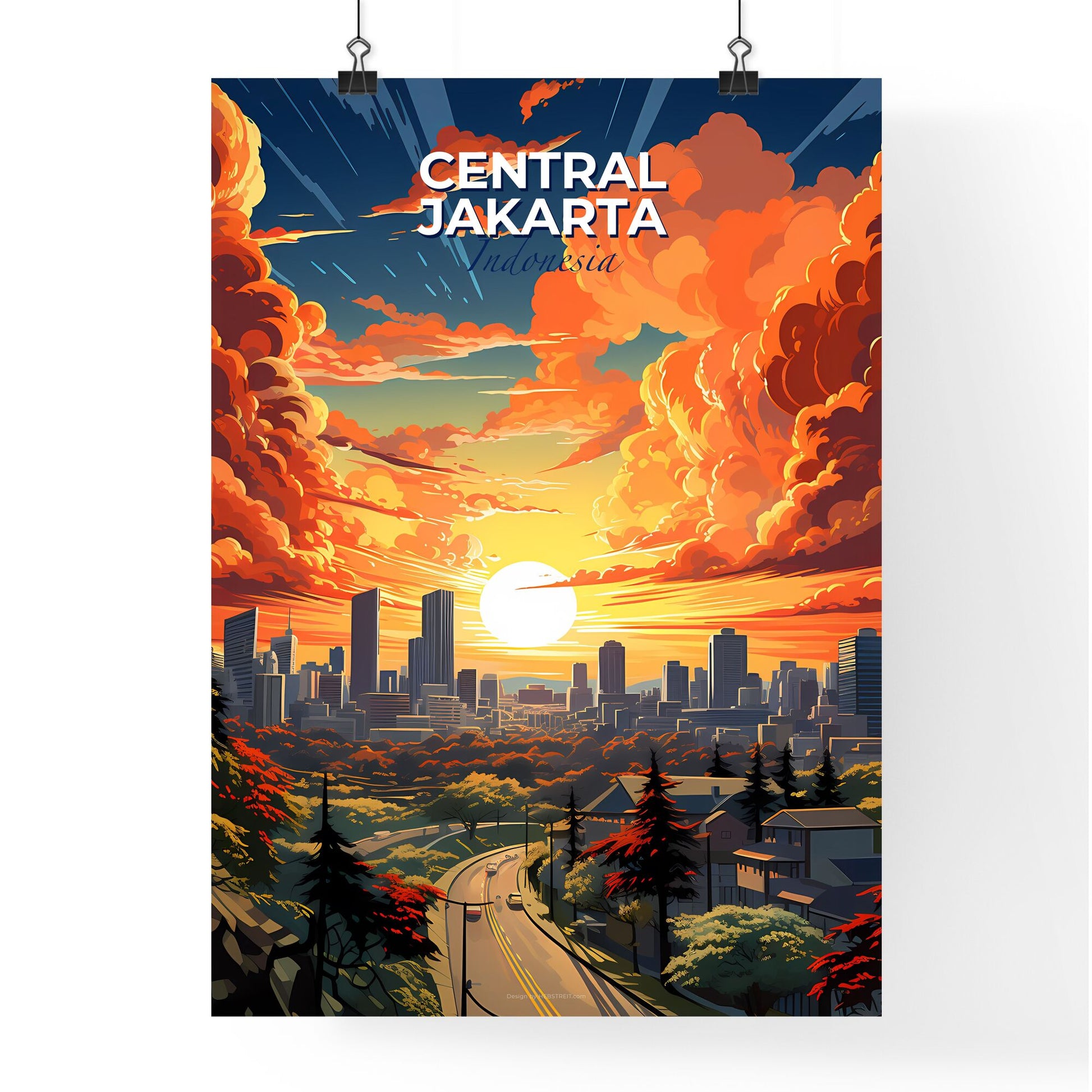 Colorful Cityscape Artwork: Central Jakarta Indonesia Skyline Panorama Painting Trees Buildings Default Title