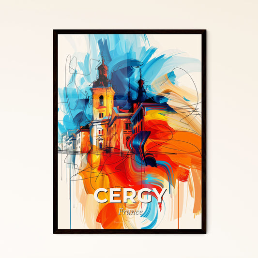 Vibrant Cergy, France - A Painting Of A Building With A Tower And A Colorful Background