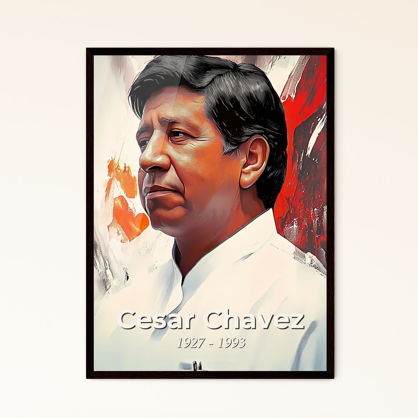 Portrait of Cesar Chavez, 1927 - 1993. Impressionistic painting of a man in a white shirt.