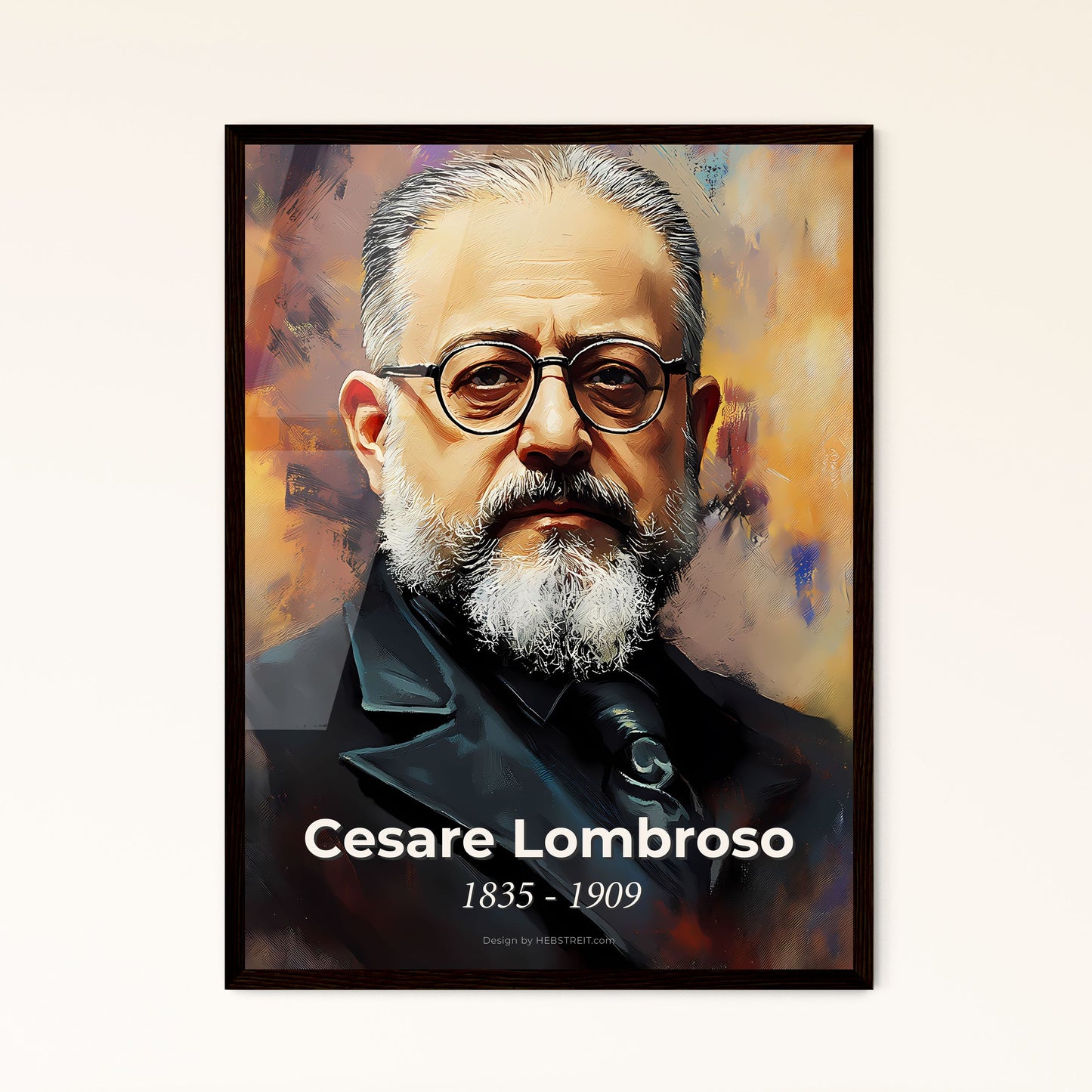 Portrait of Cesare Lombroso, 1835 - 1909. Impressionistic painting of a man with a beard and glasses.