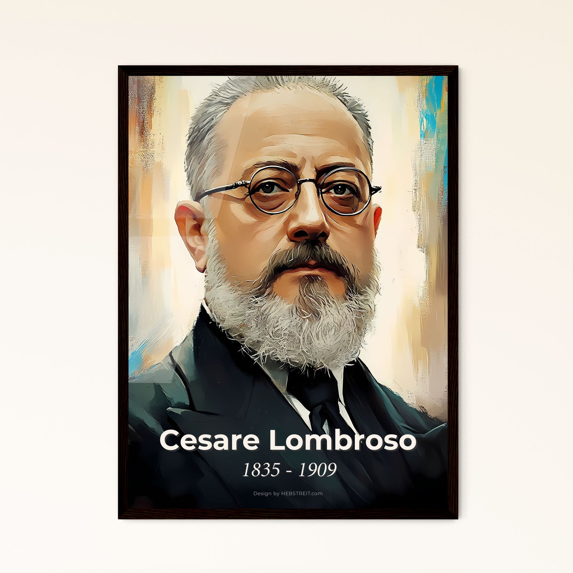 Portrait of Cesare Lombroso, 1835 - 1909. Impressionistic painting of a man with a beard wearing glasses.