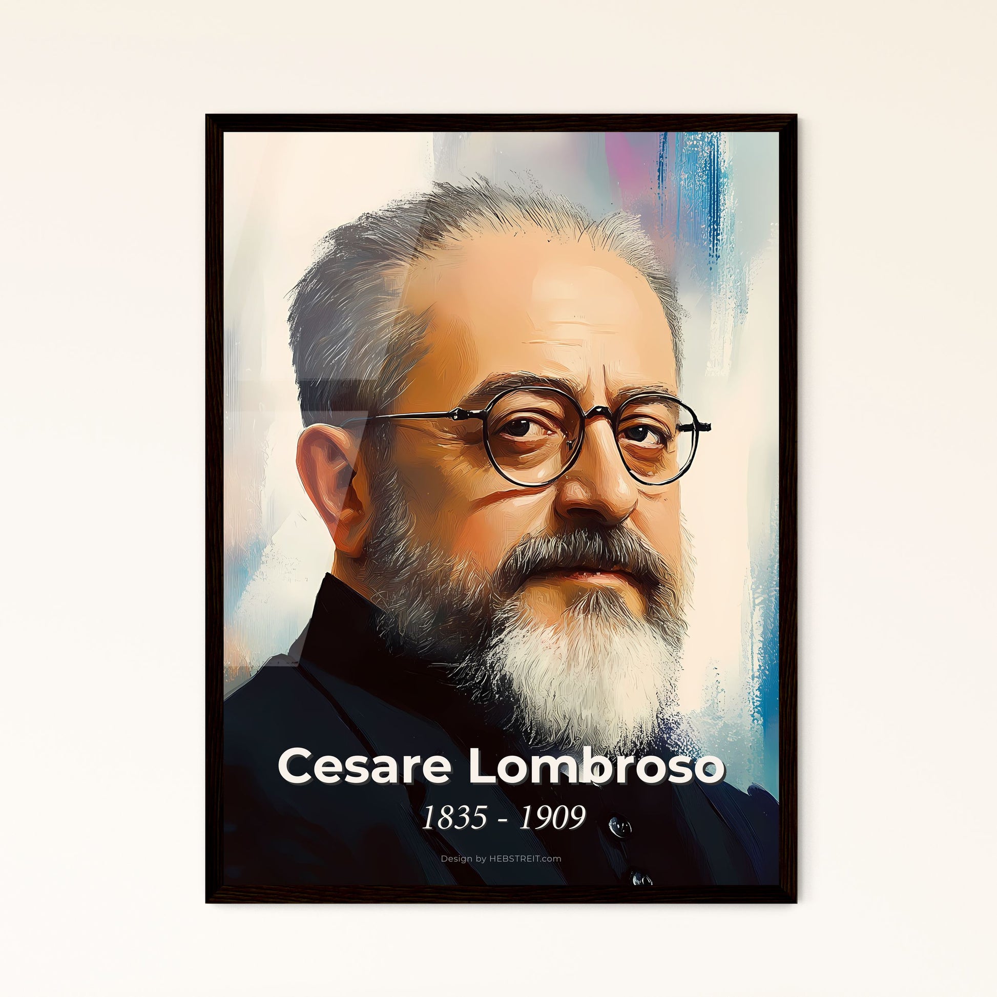 Portrait of Cesare Lombroso, 1835 - 1909. Impressionistic painting of a man with a beard and glasses.