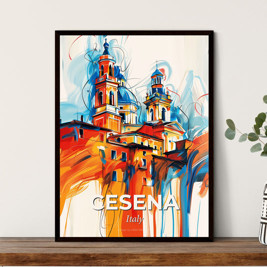 Vibrant Cesena, Italy - A Painting Of A Building With Towers And A Blue And Orange Background