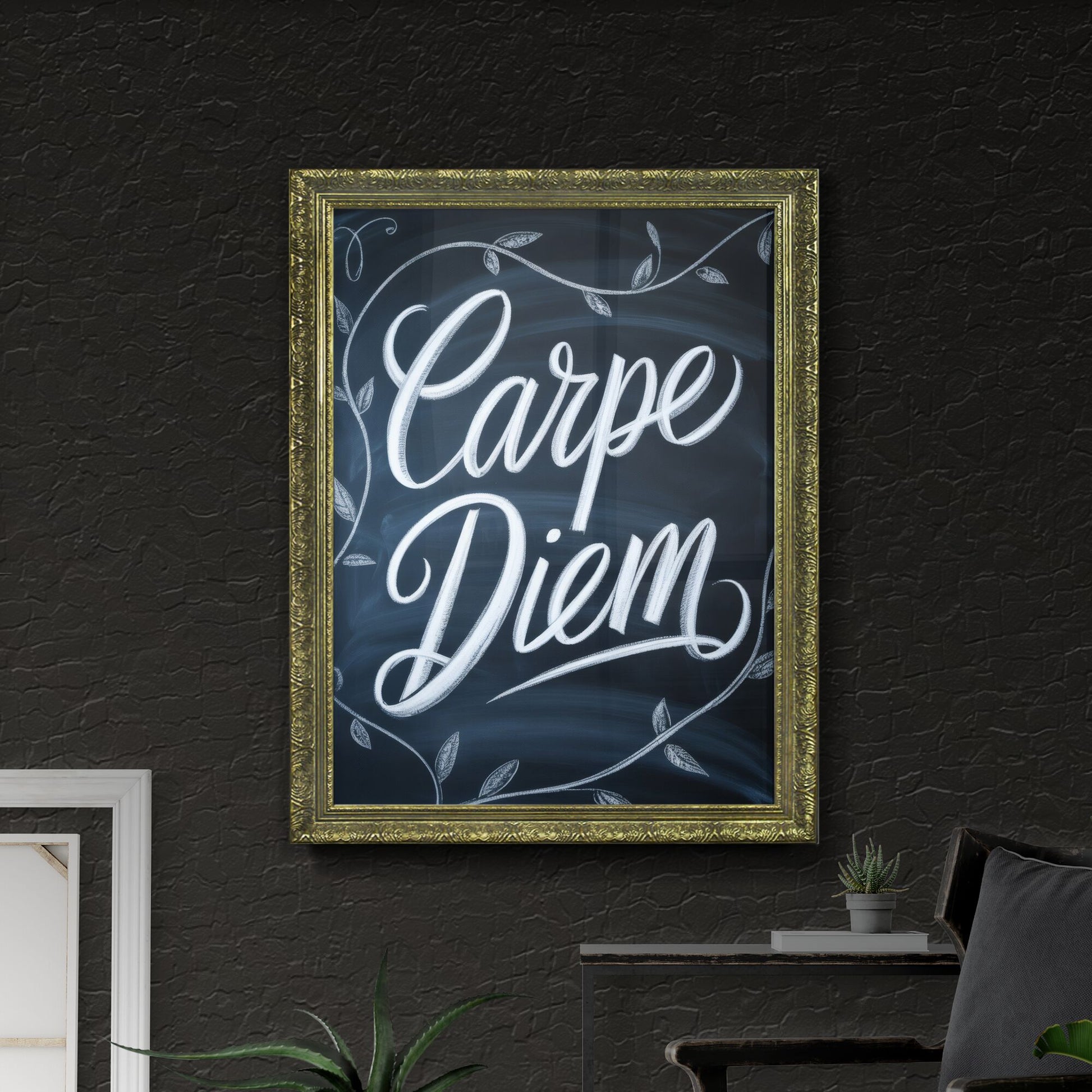 Chalkboard Art Featuring Inspirational 'Carpe Diem' Typography Surrounded by Decorative Leaves.