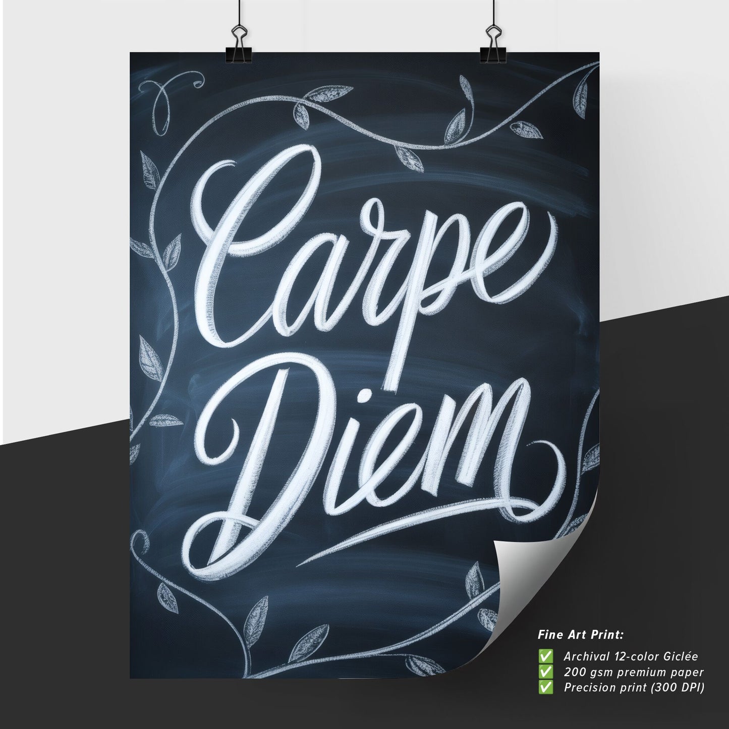 Chalkboard Art Featuring Inspirational 'Carpe Diem' Typography Surrounded by Decorative Leaves.