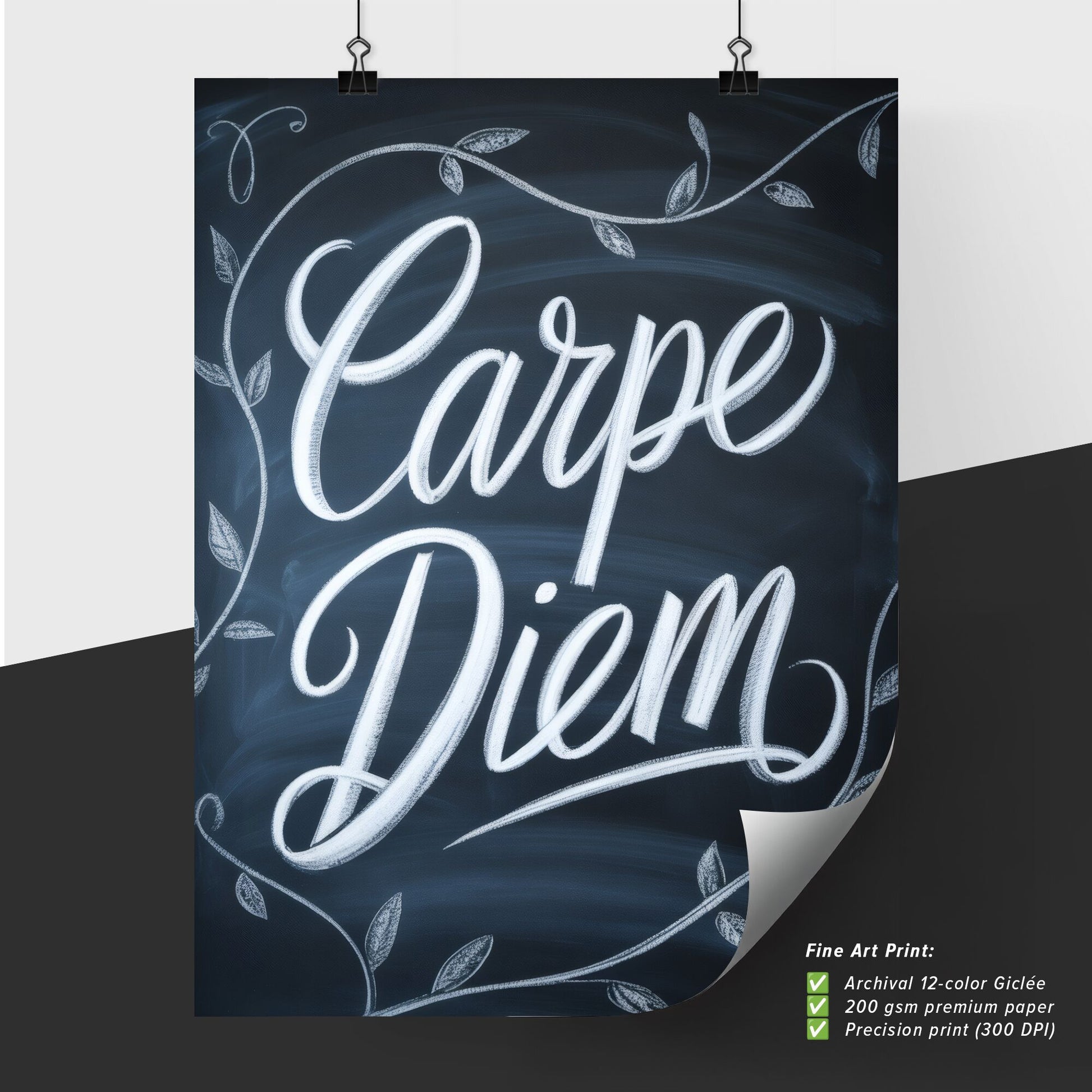 Chalkboard Art Featuring Inspirational 'Carpe Diem' Typography Surrounded by Decorative Leaves.