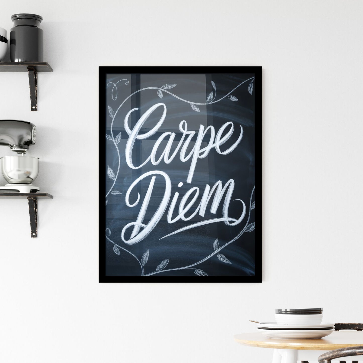 Chalkboard Art Featuring Inspirational 'Carpe Diem' Typography Surrounded by Decorative Leaves. Framed Print