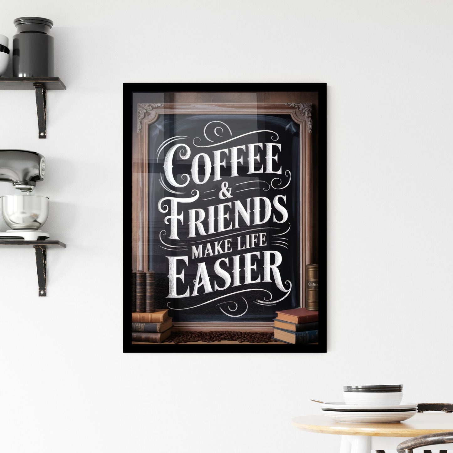 Chalkboard Art with Inspiring Coffee and Friends Quote for Cozy Café Atmosphere Framed Print