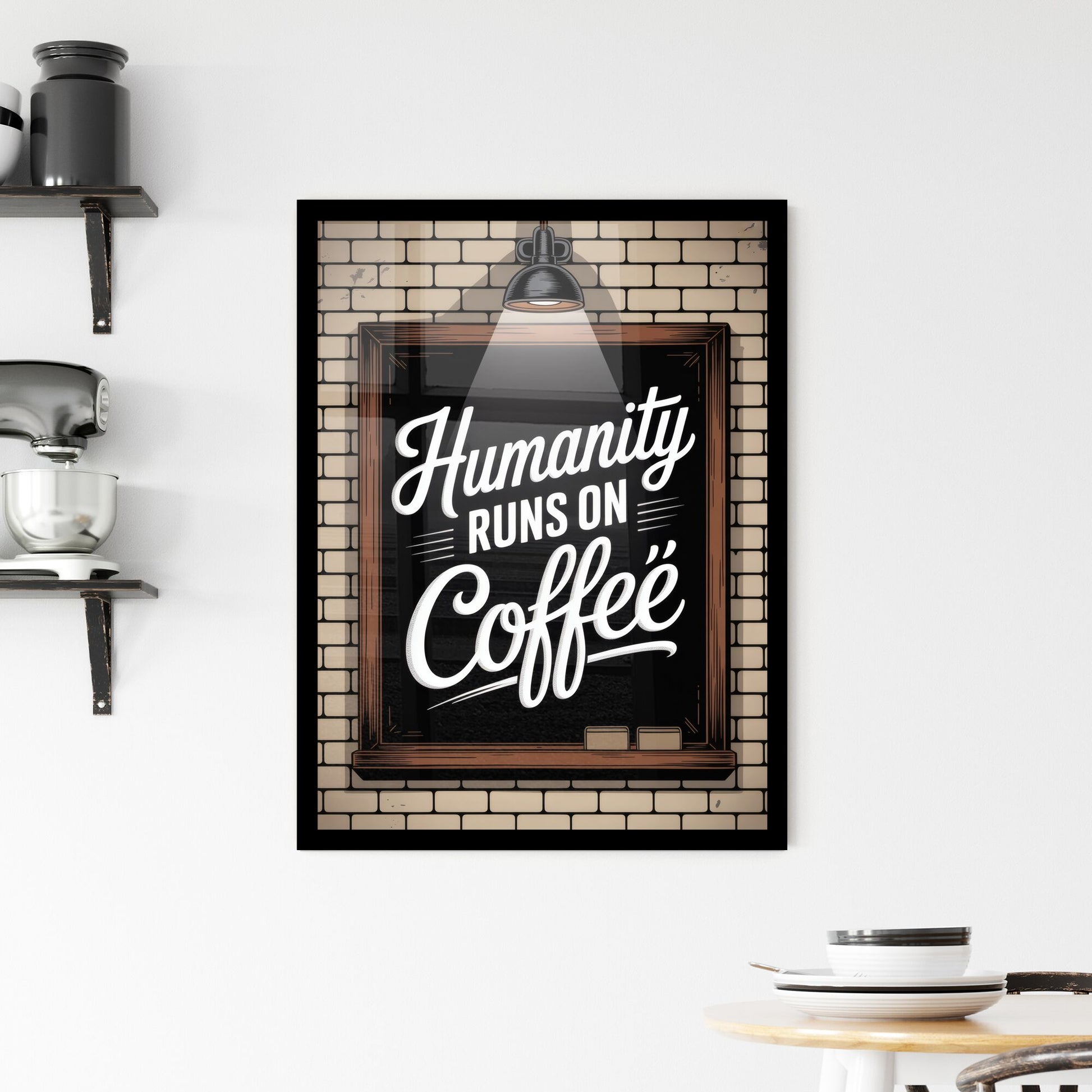 Chalkboard Art: Humanity Runs on Coffee - A Motivational Quote for Coffee Lovers Framed Print