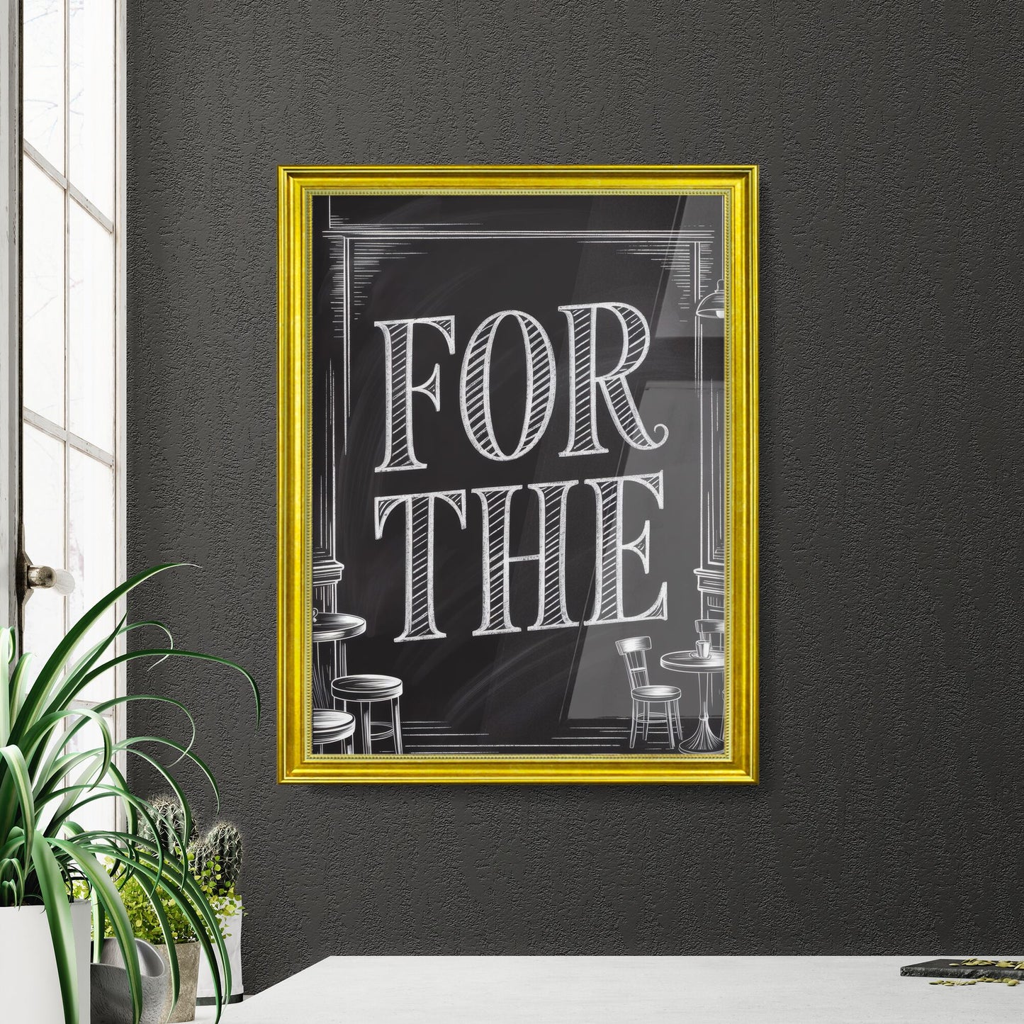 Chalkboard Art Displaying the Phrase 'For The' in a Cozy Cafe Setting.
