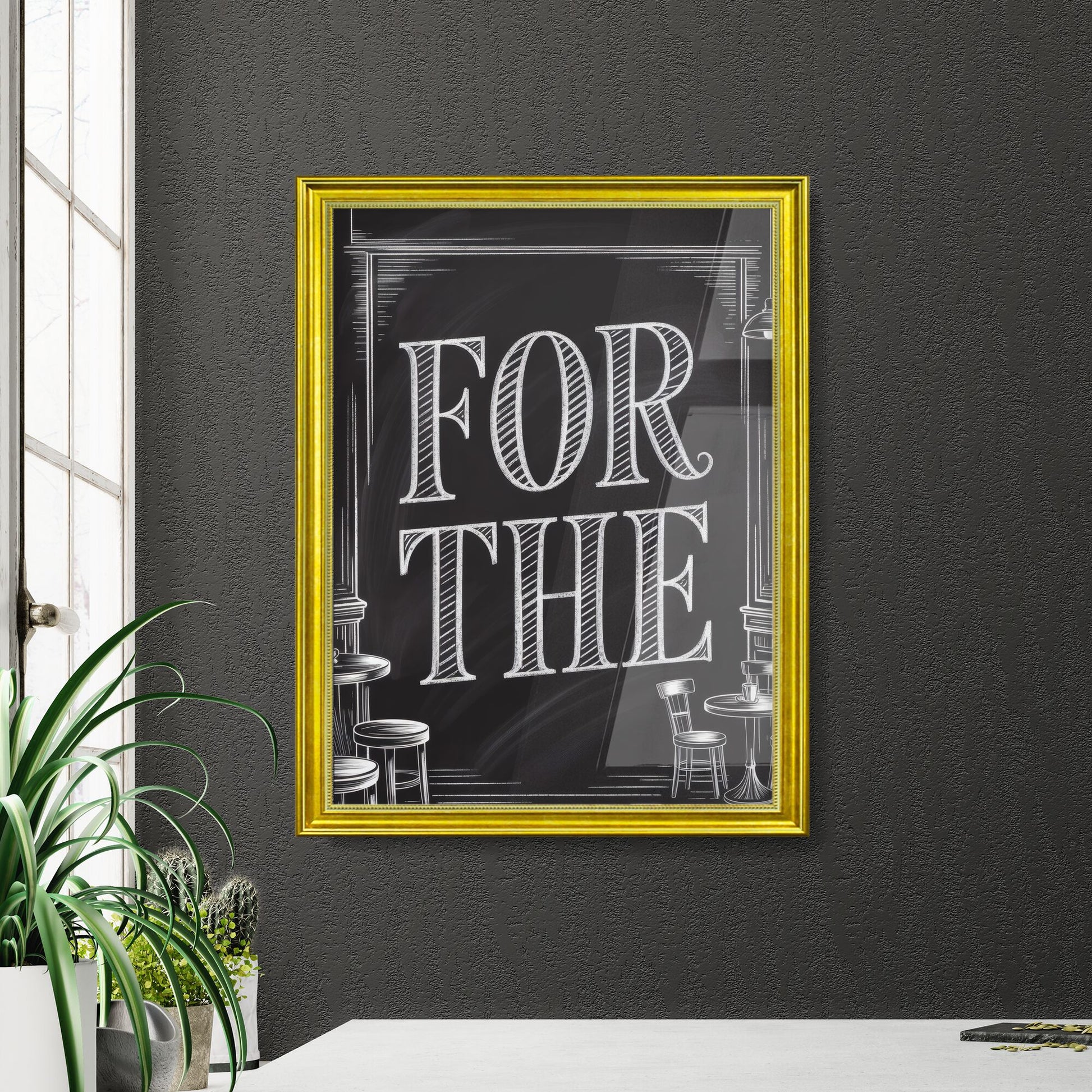 Chalkboard Art Displaying the Phrase 'For The' in a Cozy Cafe Setting.