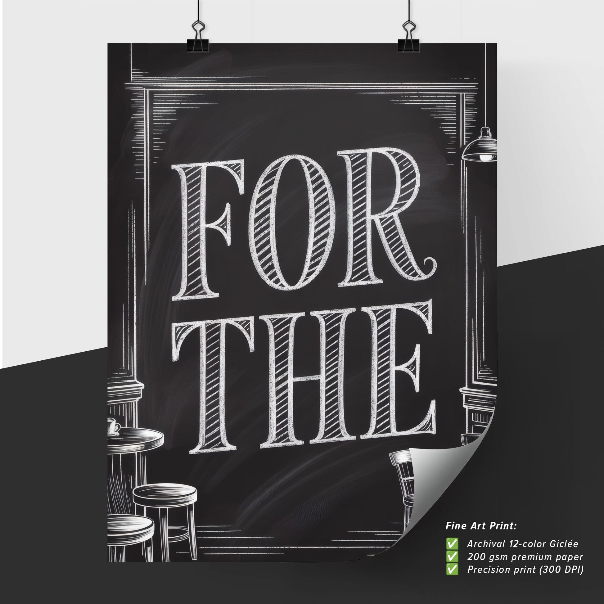 Chalkboard Art Displaying the Phrase 'For The' in a Cozy Cafe Setting.