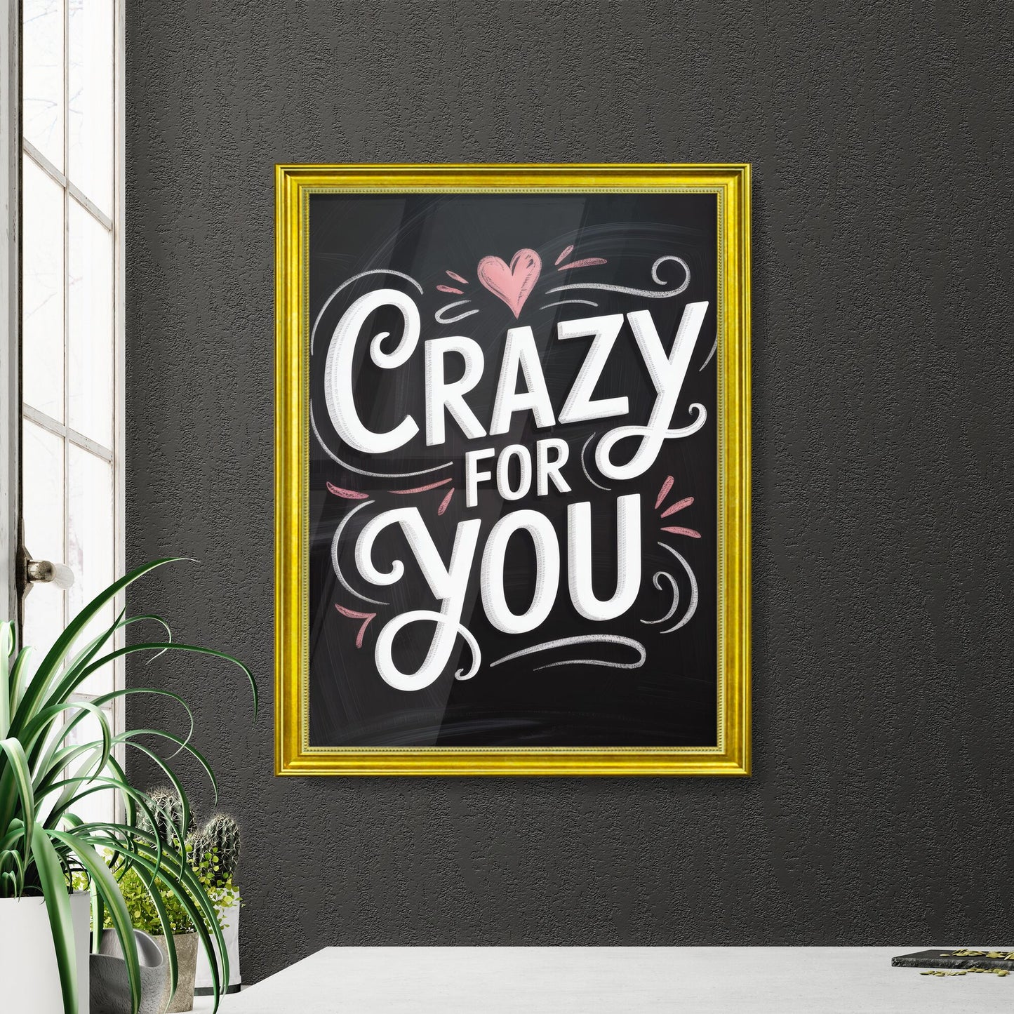 Chalkboard Art with Handwritten Style: 'Crazy for You' in Romantic Typography Design.