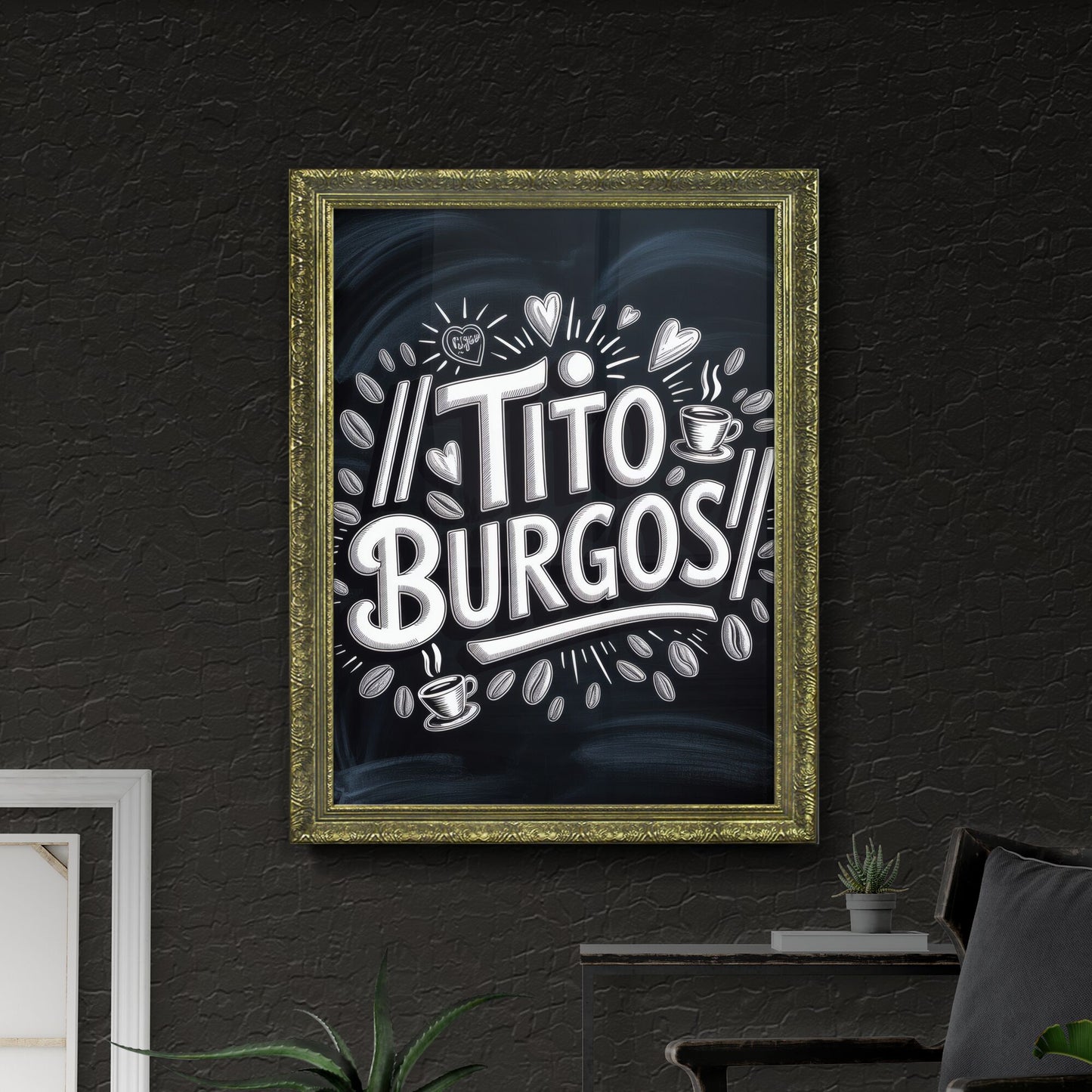 Chalkboard Art Featuring Handwritten Coffee Shop Logo Design for Tito Burgos with Coffee Beans and Hearts.