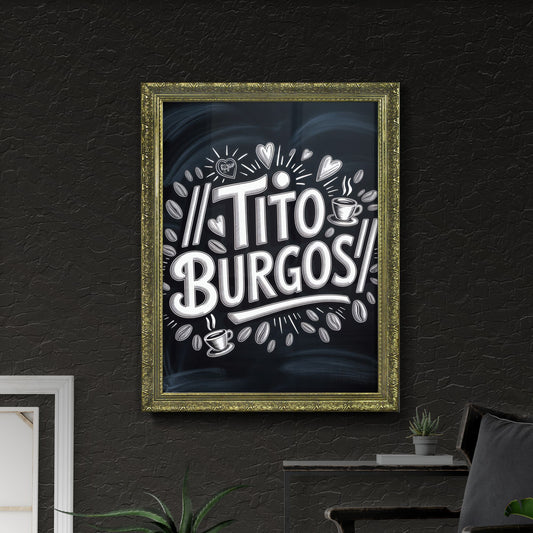 Chalkboard Art Featuring Handwritten Coffee Shop Logo Design for Tito Burgos with Coffee Beans and Hearts.