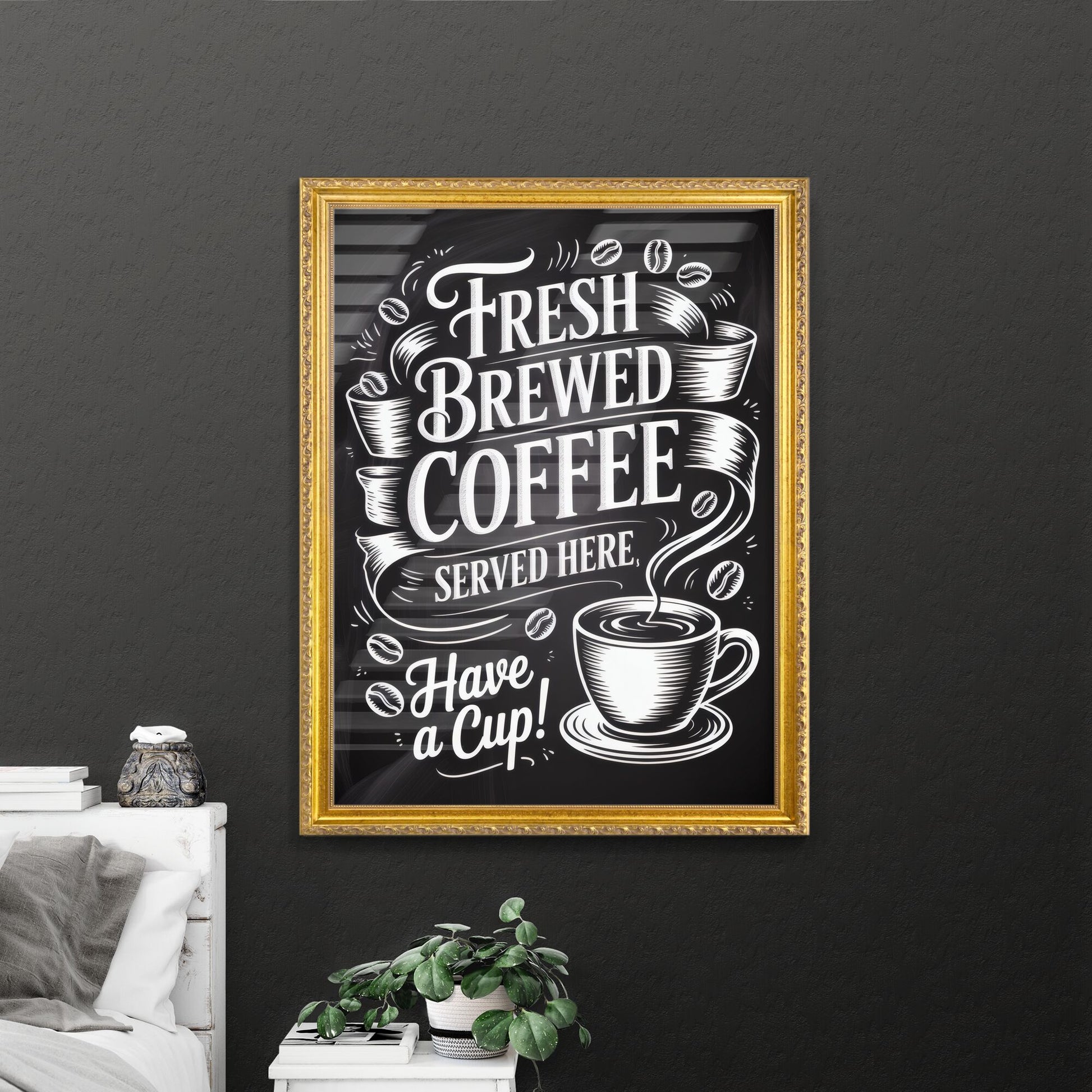 Chalkboard Style Graphic Featuring Fresh Brewed Coffee Served Here, Perfect for Cafés and Coffee Shops.