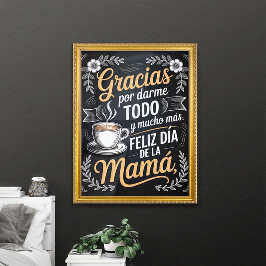 Chalkboard Style Mother's Day Typography with Coffee Cup Illustration and Floral Elements.