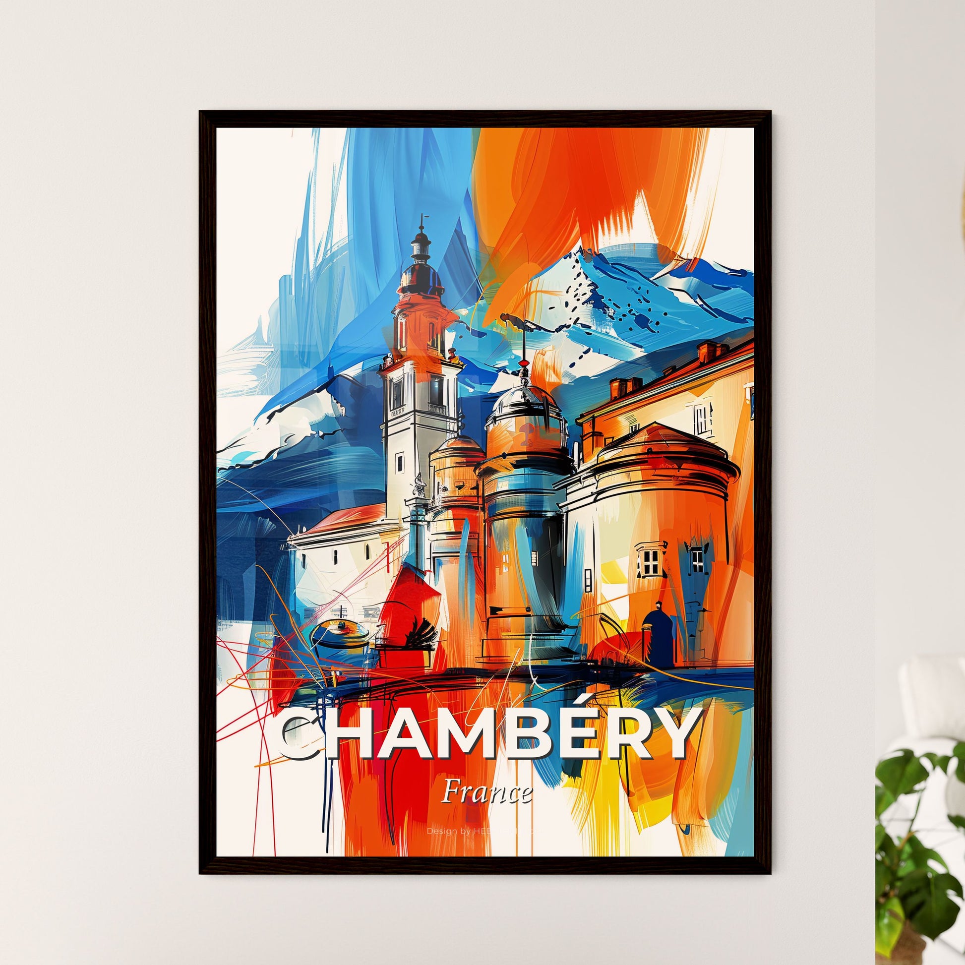 Vibrant Chambéry, France - A Painting Of A Building With Towers And Mountains In The Background