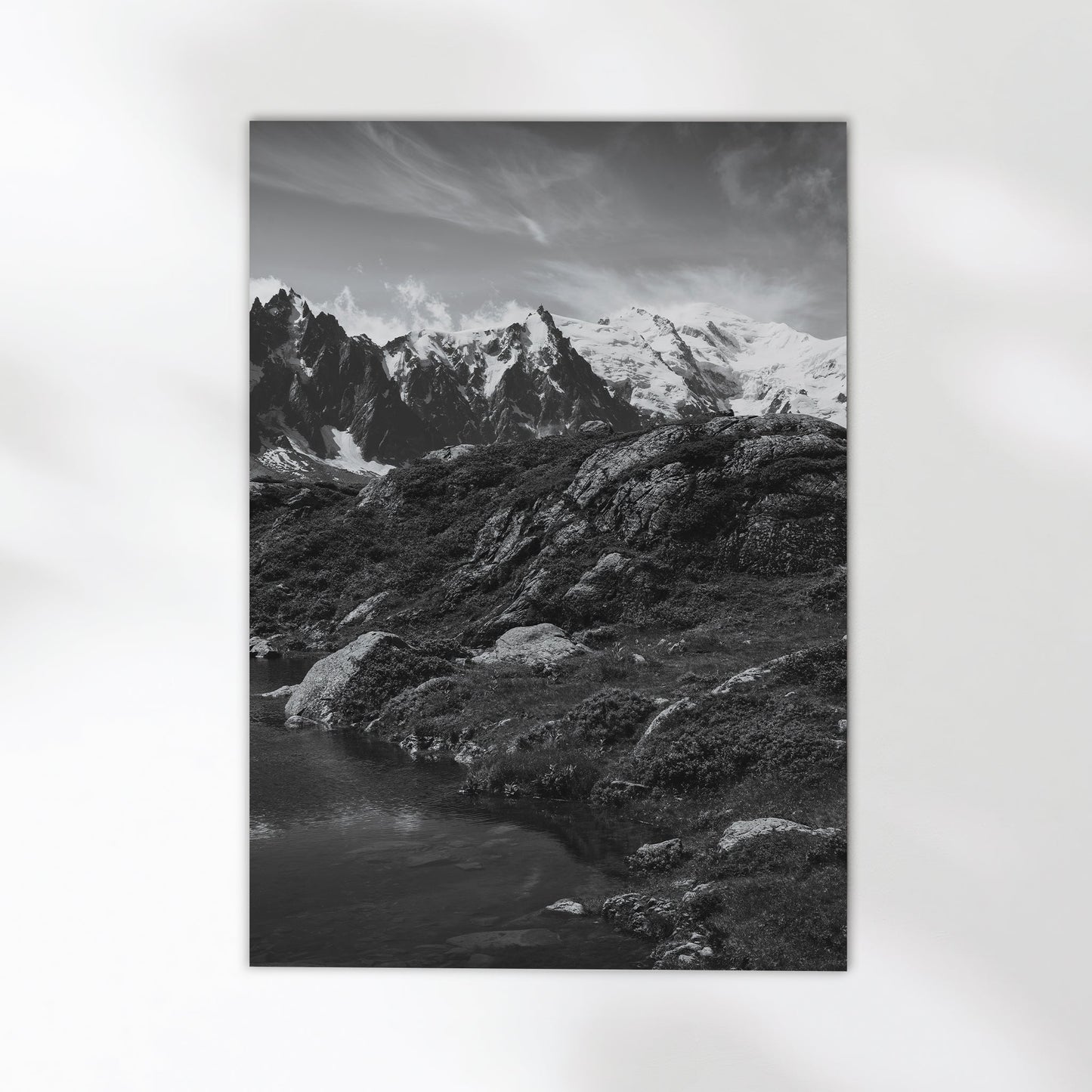 Black and White Lac Blanc Wall Art - Modern Alpine Landscape Print