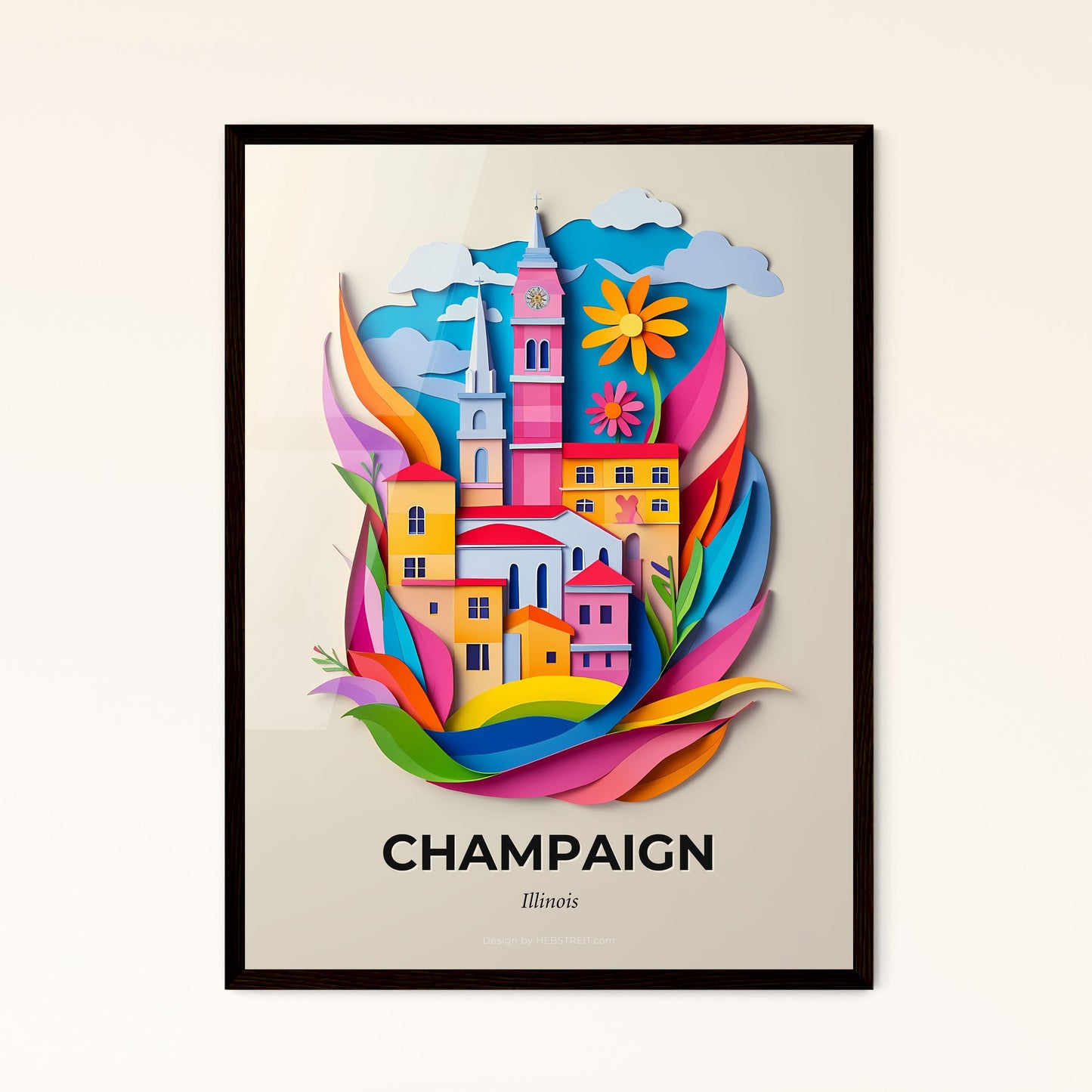 Vivid Champaign, Illinois - a paper cut of a city with a church and a flower