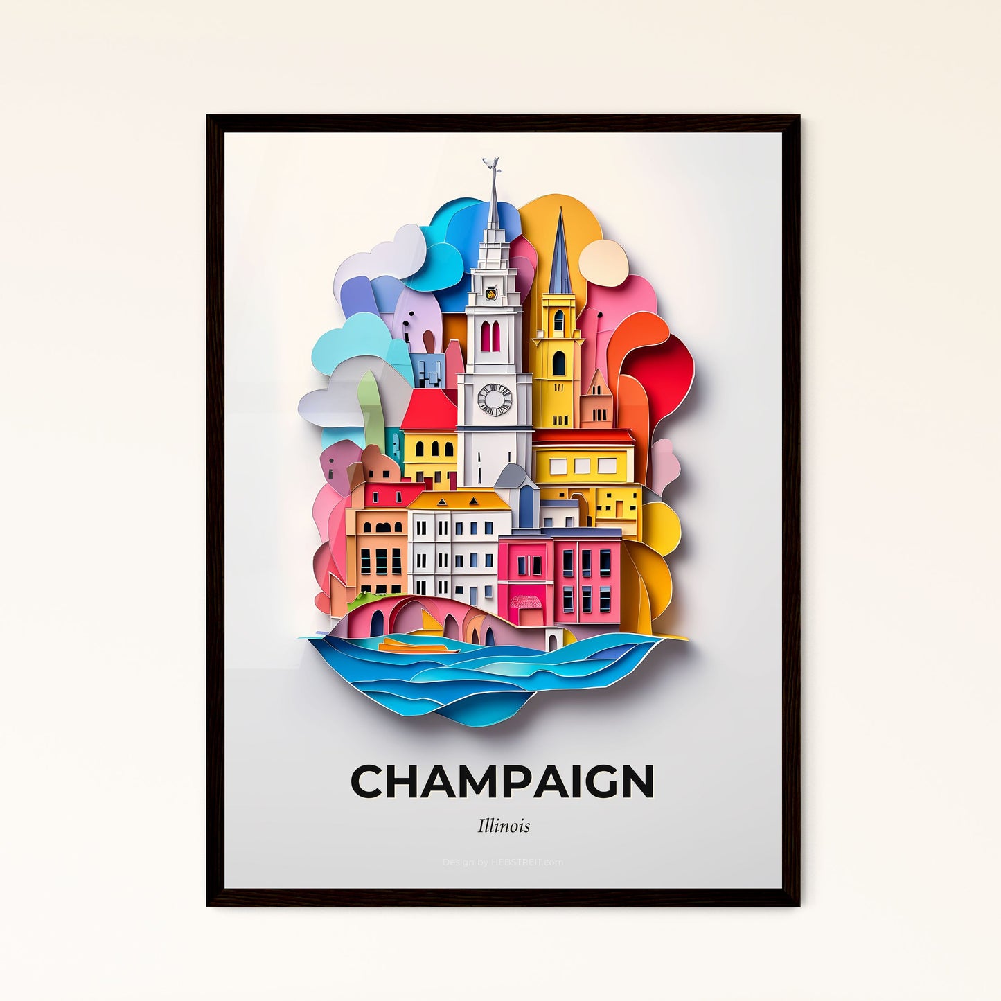 Vivid Champaign, Illinois - a paper cut of a city with a clock tower