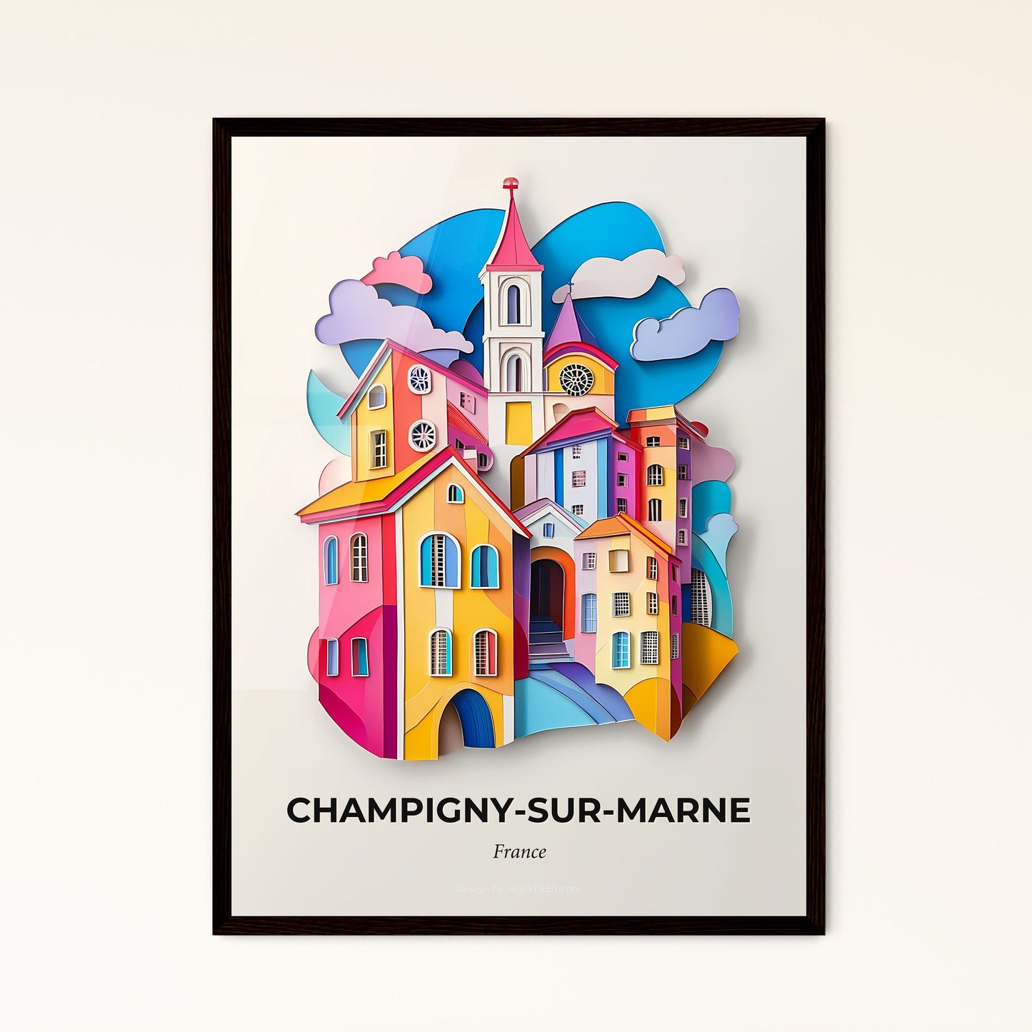 Vivid Champigny-sur-Marne, France - a paper cut of a church with a clock tower