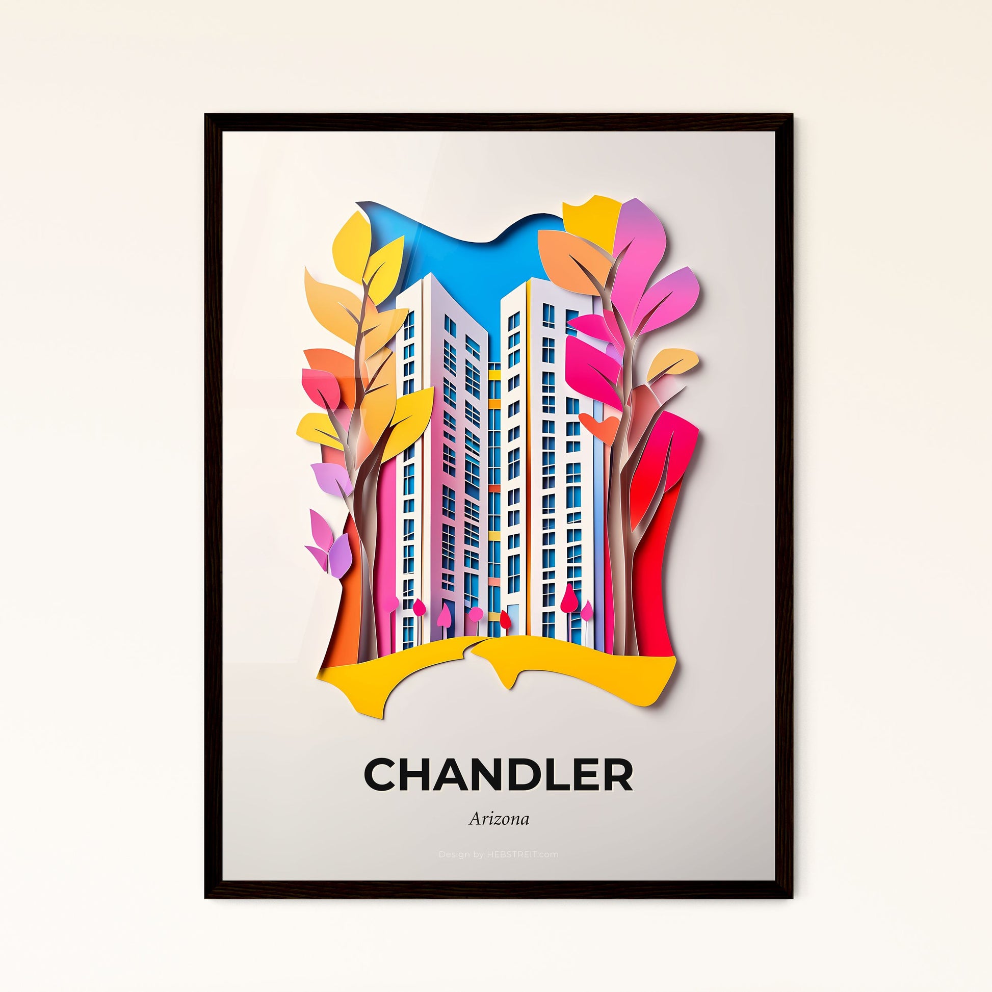 Vivid Chandler, Arizona - a paper cut of a building with trees and a bird