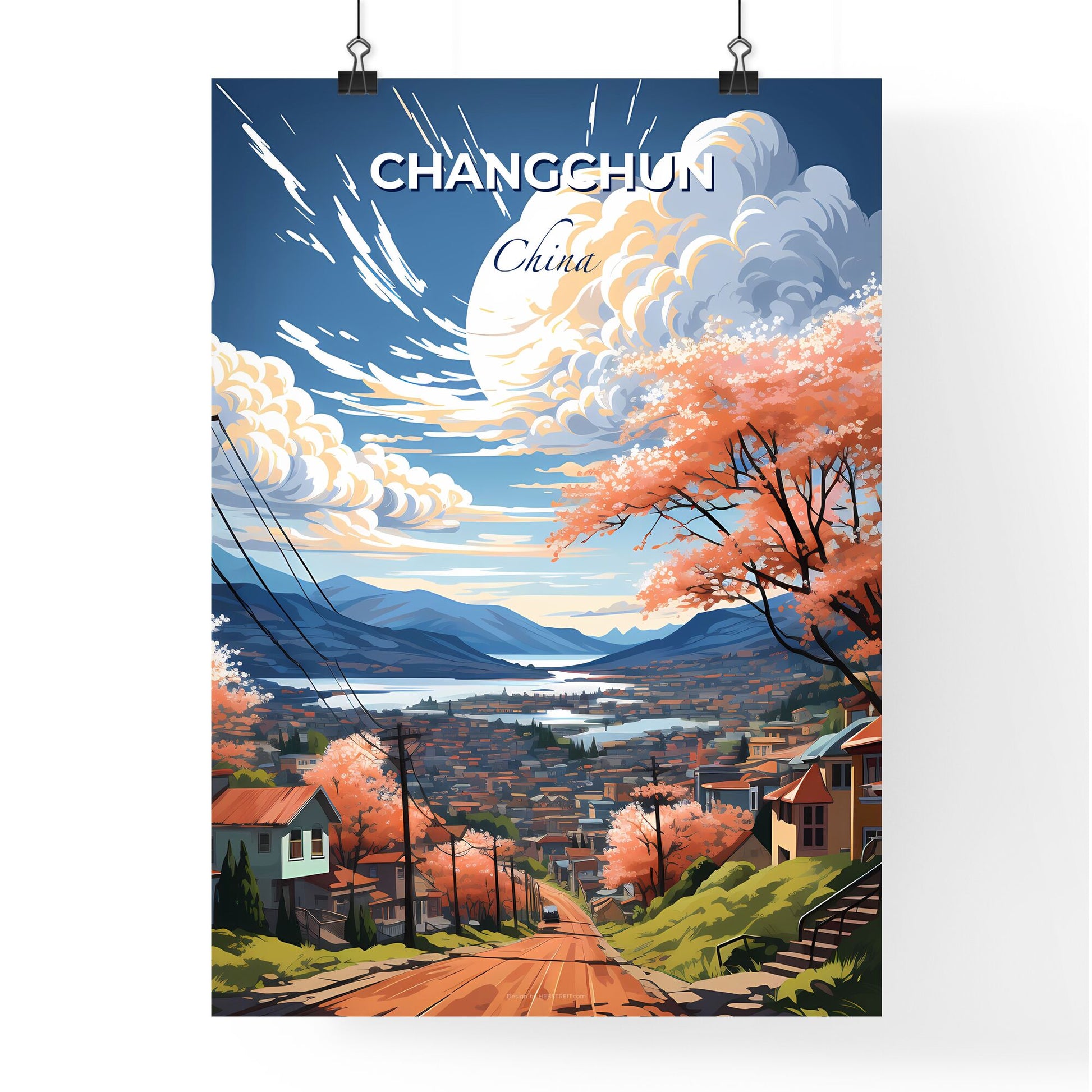 Vivid Skyline Painting: Trees, Mountains, Changchun Cityscape Art Default Title