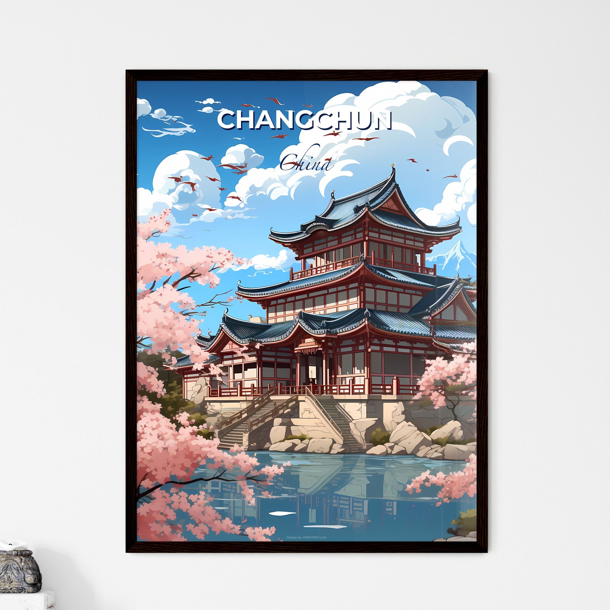 Artistic Changchun China Skyline Building with Pond and Cherry Blossoms Painting Default Title