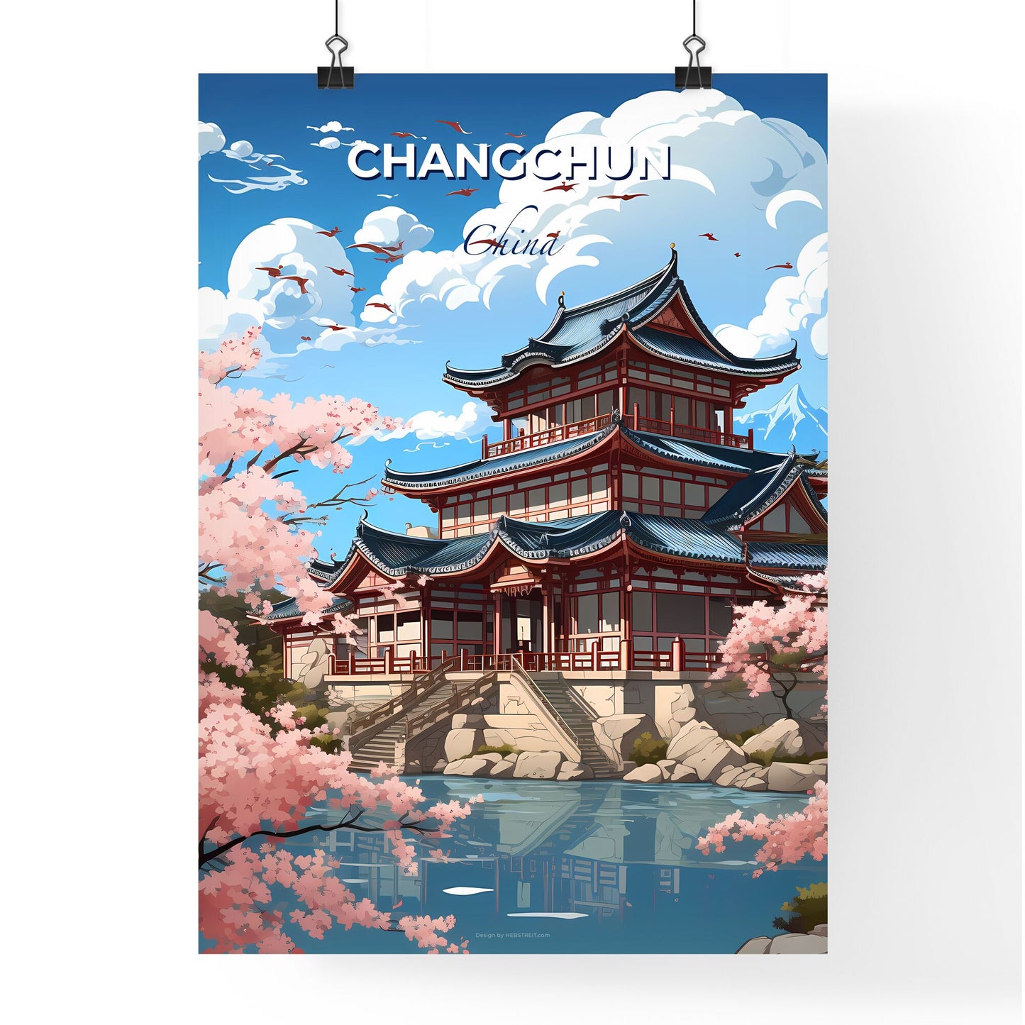 Artistic Changchun China Skyline Building with Pond and Cherry Blossoms Painting Default Title