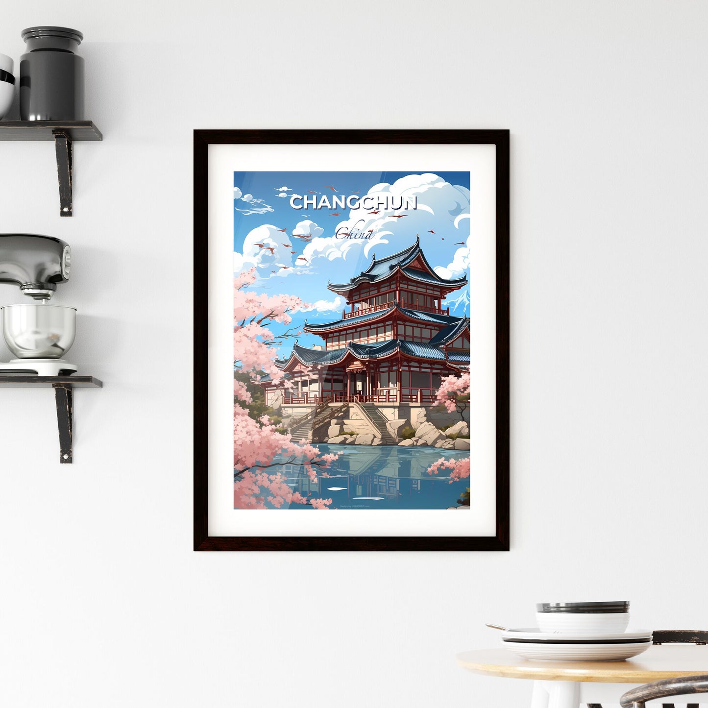 Artistic Changchun China Skyline Building with Pond and Cherry Blossoms Painting Default Title