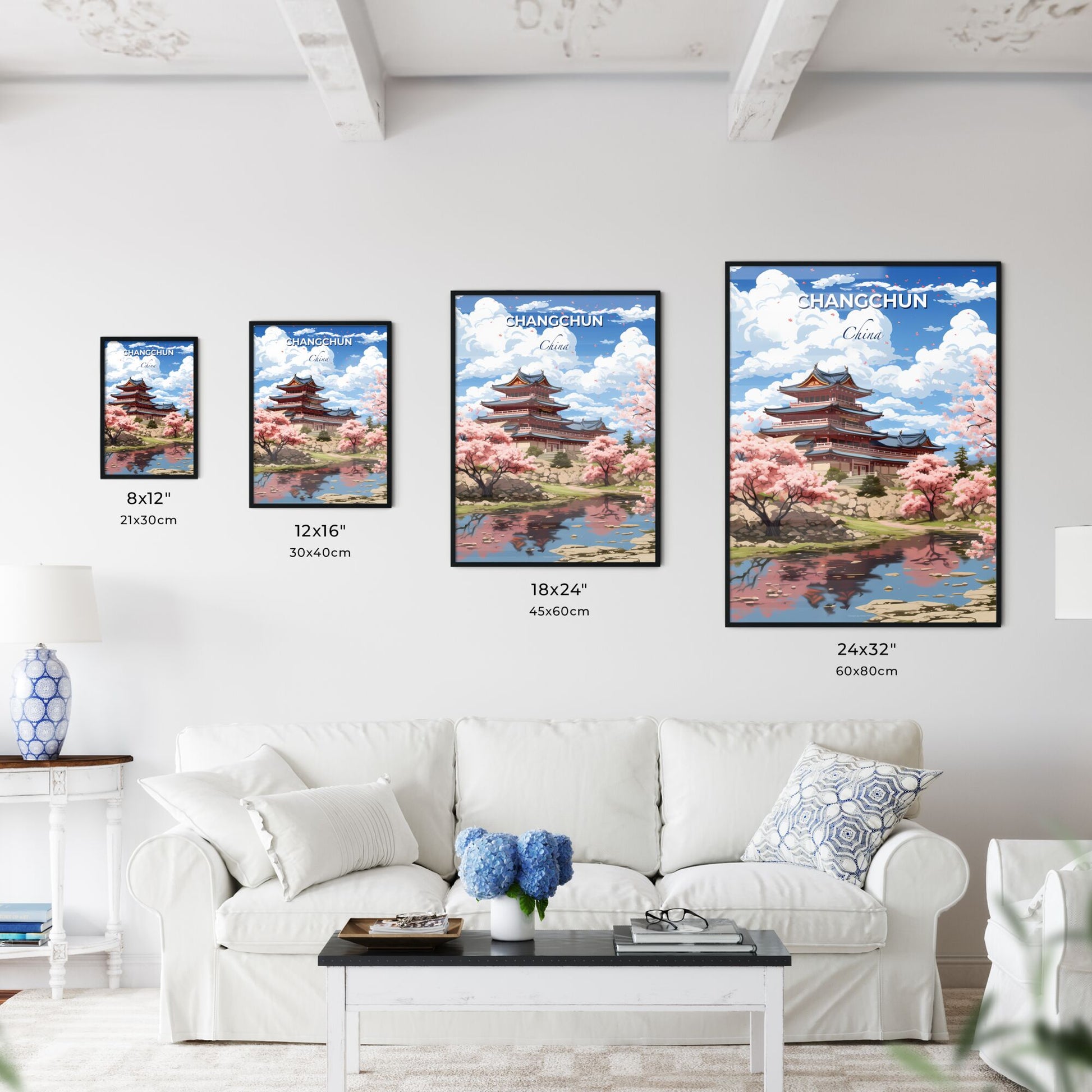 Changchun China Skyline Pastel Colors Building Pagoda Pink Tree Painting Default Title