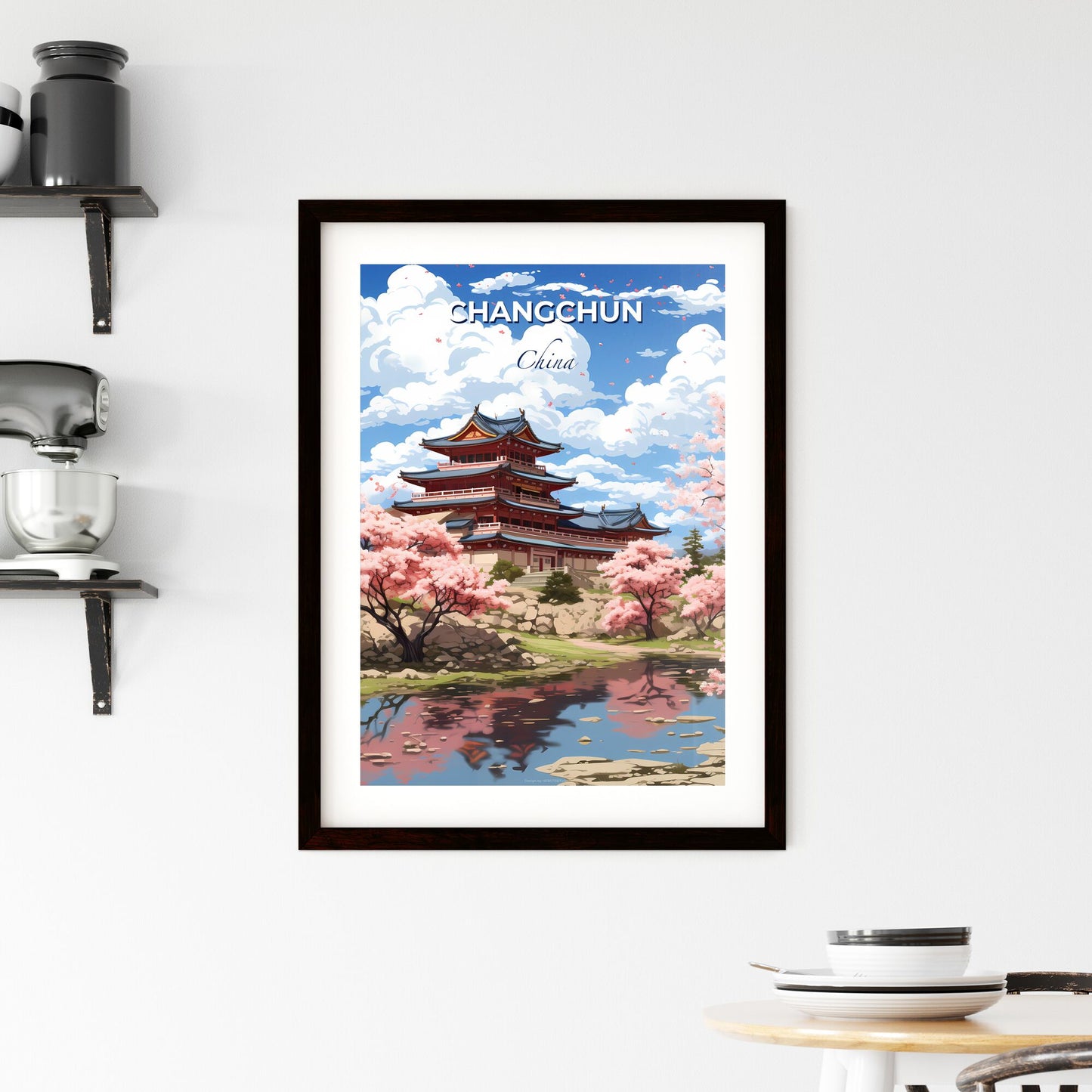 Changchun China Skyline Pastel Colors Building Pagoda Pink Tree Painting Default Title