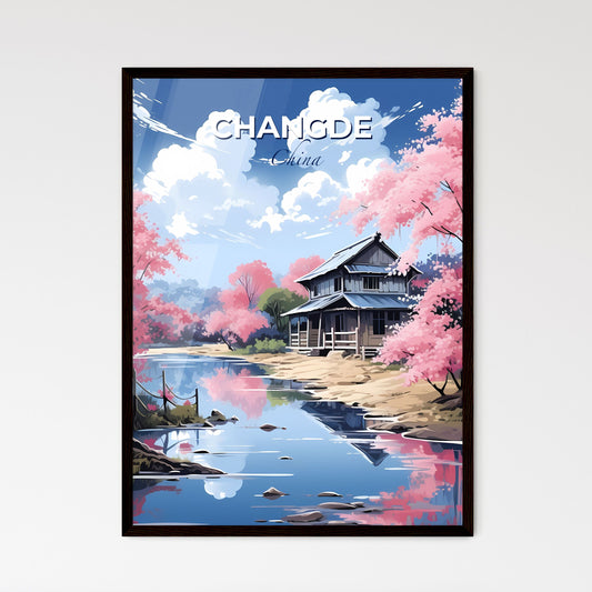 Changde, China cityscape art house by the river surrounded by pink flowers Default Title